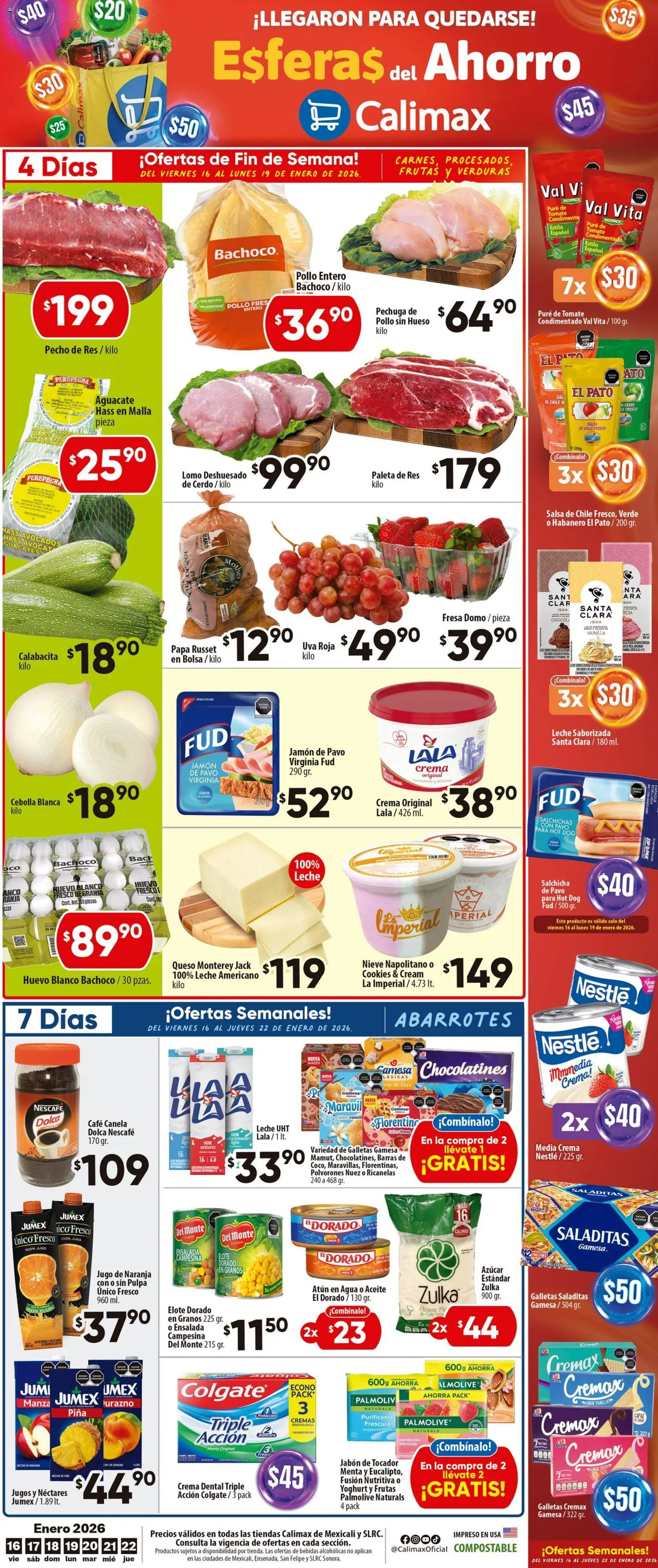Vista previa las ofertas de la tienda Calimax - Folleto Mexicali y SLRC desde el 16/01/2026 - Pollo, Fresa, Galletas, Tomate, Durazno, Cebolla, Nuez, Calabacita