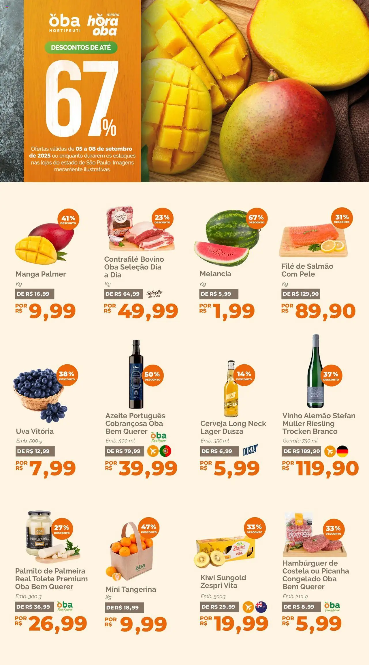 Oba Hortifruti folheto "Ofertas da semana" válido a partir de 05/09/2025 - número de página 1 - Hambúrguer, Manga, Kiwi, Melancia, Uva, Picanha, Azeite, Salmão