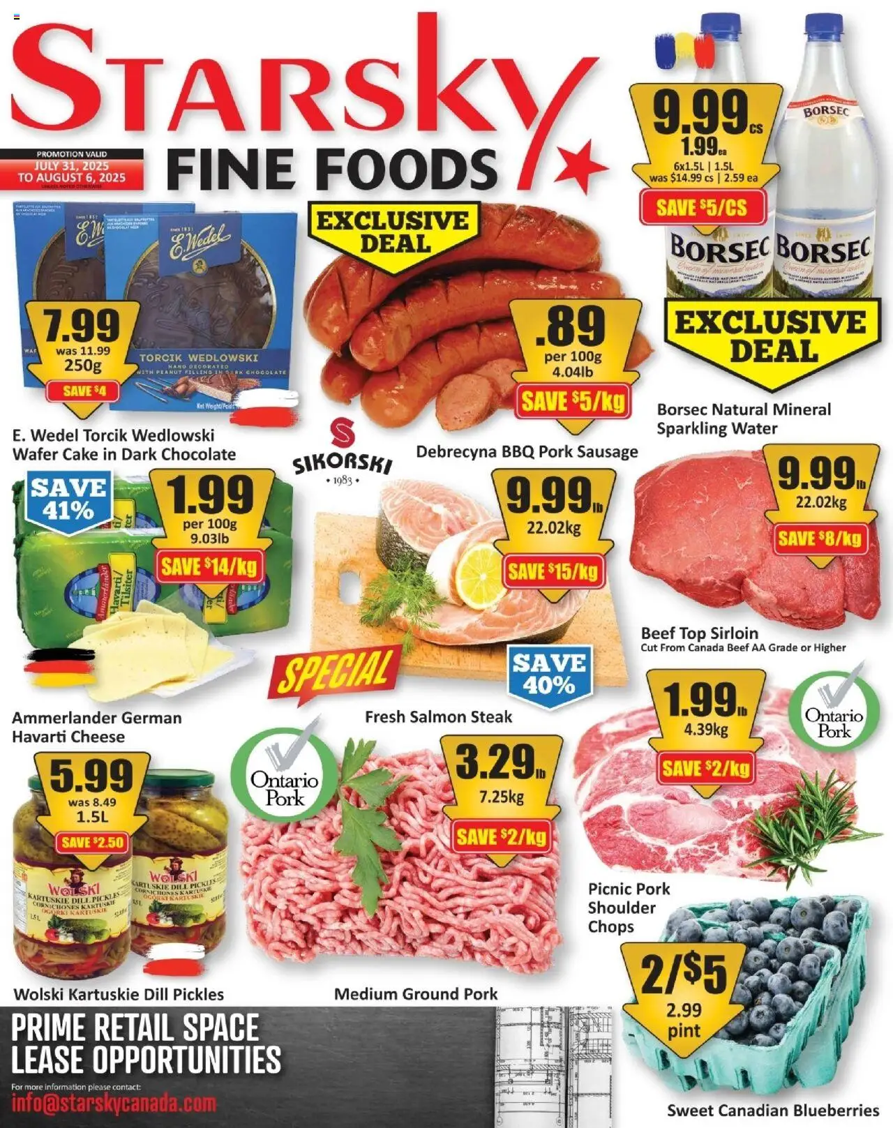 Starsky flyer valid from Jul 31, 2025 - page number 1 - Cake, Water, Salmon, Blueberries, Pickles, Beef, Sausage, Pork