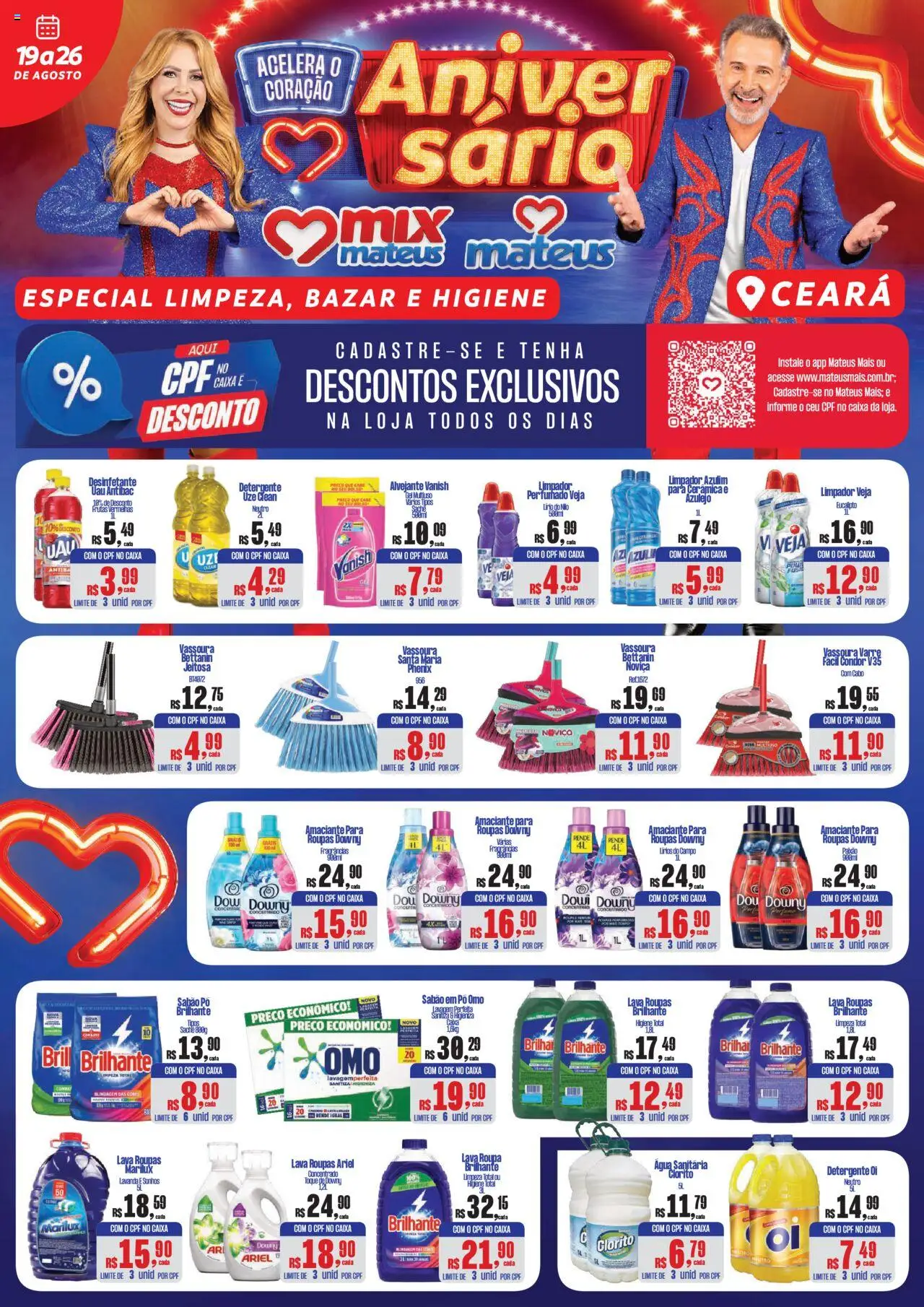 Mateus folheto "Ofertas Especial Limpeza, Bazar, e Higiene" válido a partir de 19/08/2025 - número de página 1 - Caixa, Frutas, Roupas, Ariel, Desinfetante, Amaciante, Azulejo, Alvejante