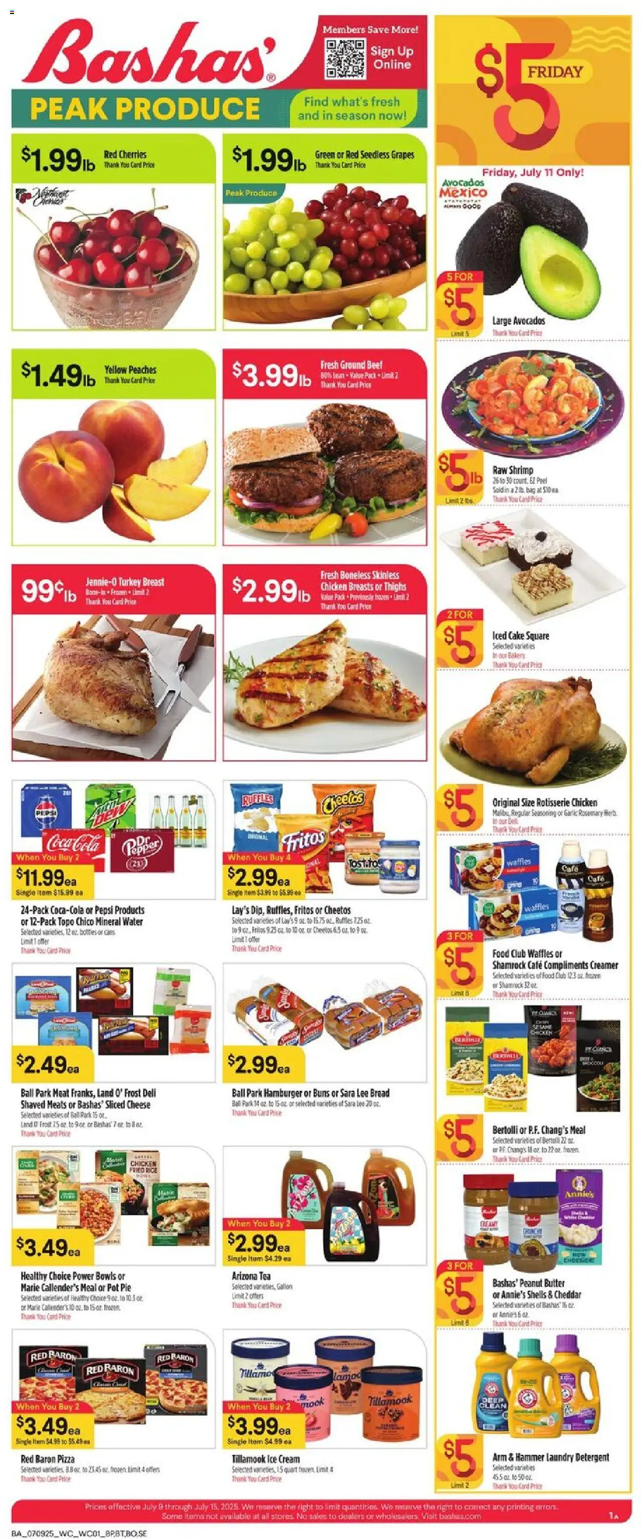 Basha's Weekly Ad from 07/09/2025 - Flyer - Page number 1 - Pizza, Beet, Peaches, Shrimp, Pepsi, Pepper, Garlic, Sliced cheese