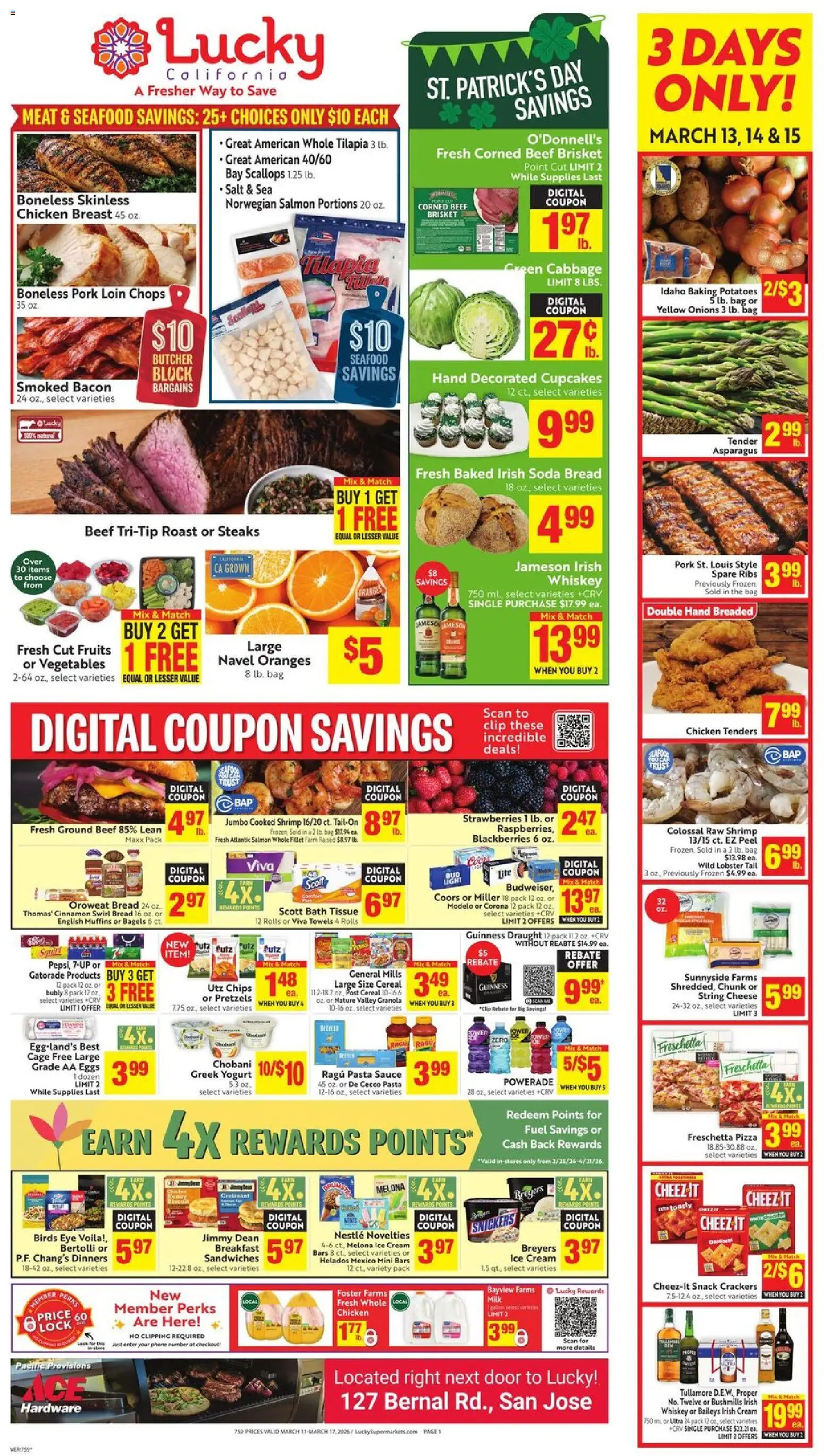 Ad Preview of Lucky Supermarkets Lucky Supermarkets Weekly from 03/11/2026 - Phone, Croissant, Cheese, Salmon, Milk, Cereal, Pork, Cream