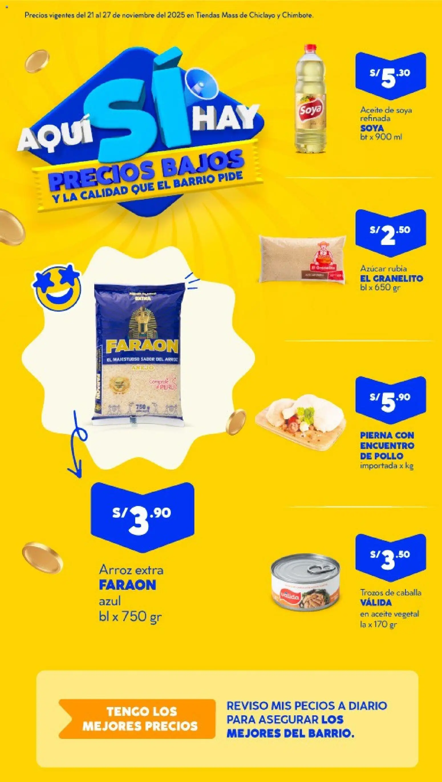 Vista previa de Semanal - Chiclayo de la tienda Mass válido desde 21/11/2025 - Pollo, Arroz, Azúcar, Aceite, Pierna, Caballa, Aceite vegetal