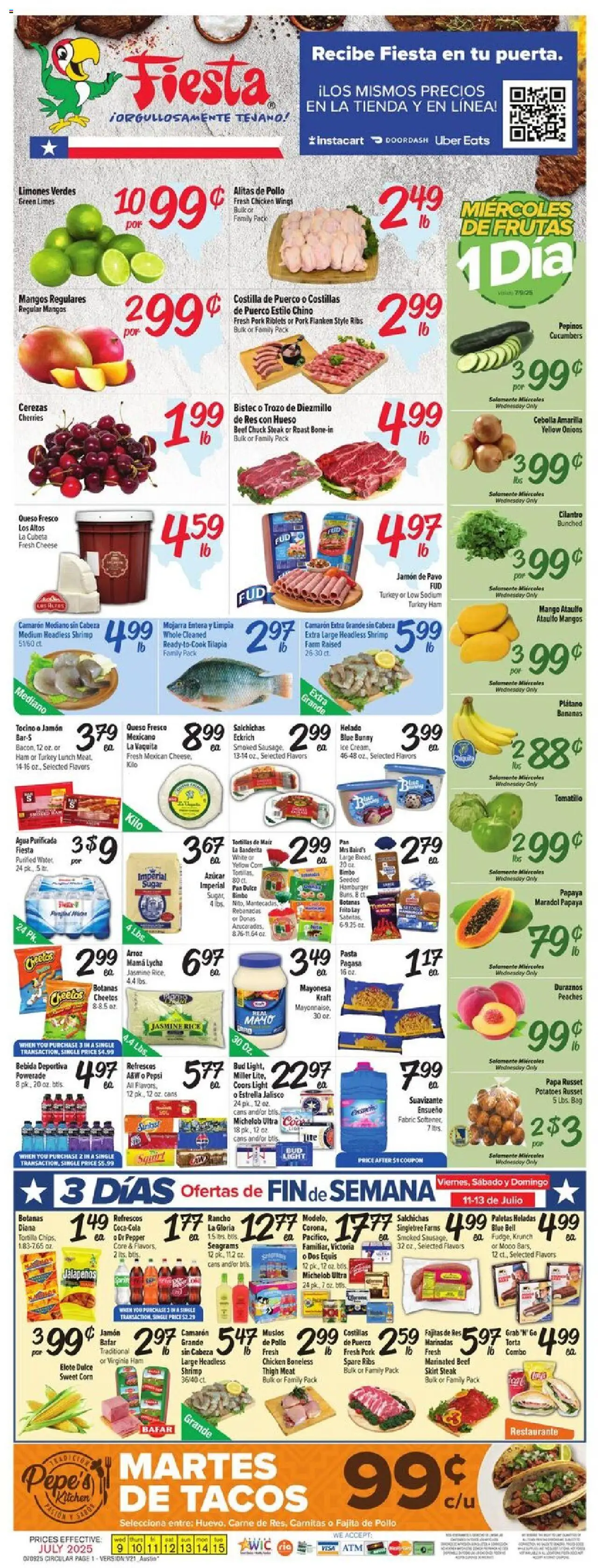 Fiesta Mart Weekly Ad from 07/09/2025 - Flyer - Page number 1 - Shrimp, Turkey, Chicken wings, Pasta, Ice, Beef chuck, Bag, Pepsi