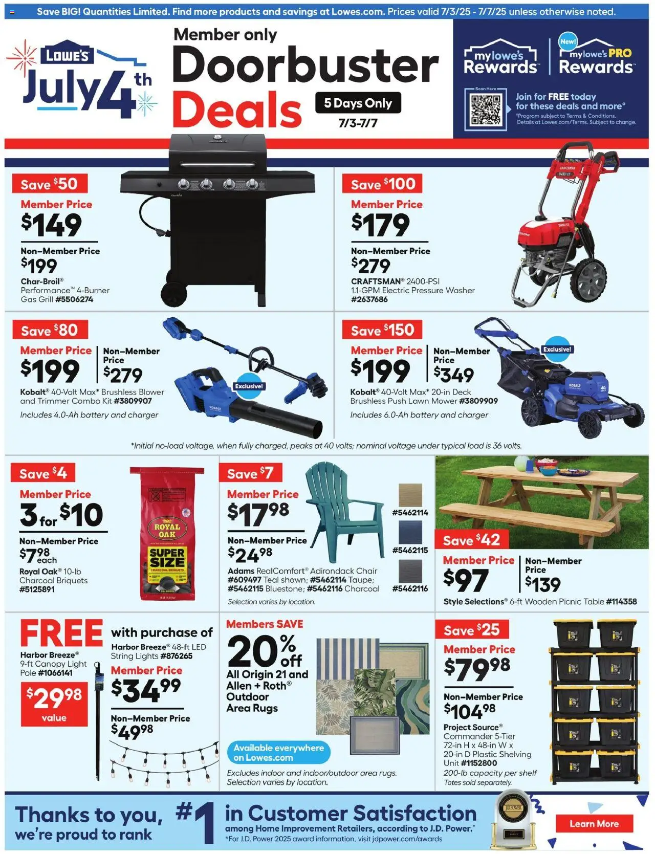 Lowe's Weekly Ad from 07/03/2025 - Flyer - Page number 1 - Charger, Lawn Mower, Grill, Shelf, Charcoal, Blower, Mower, Table