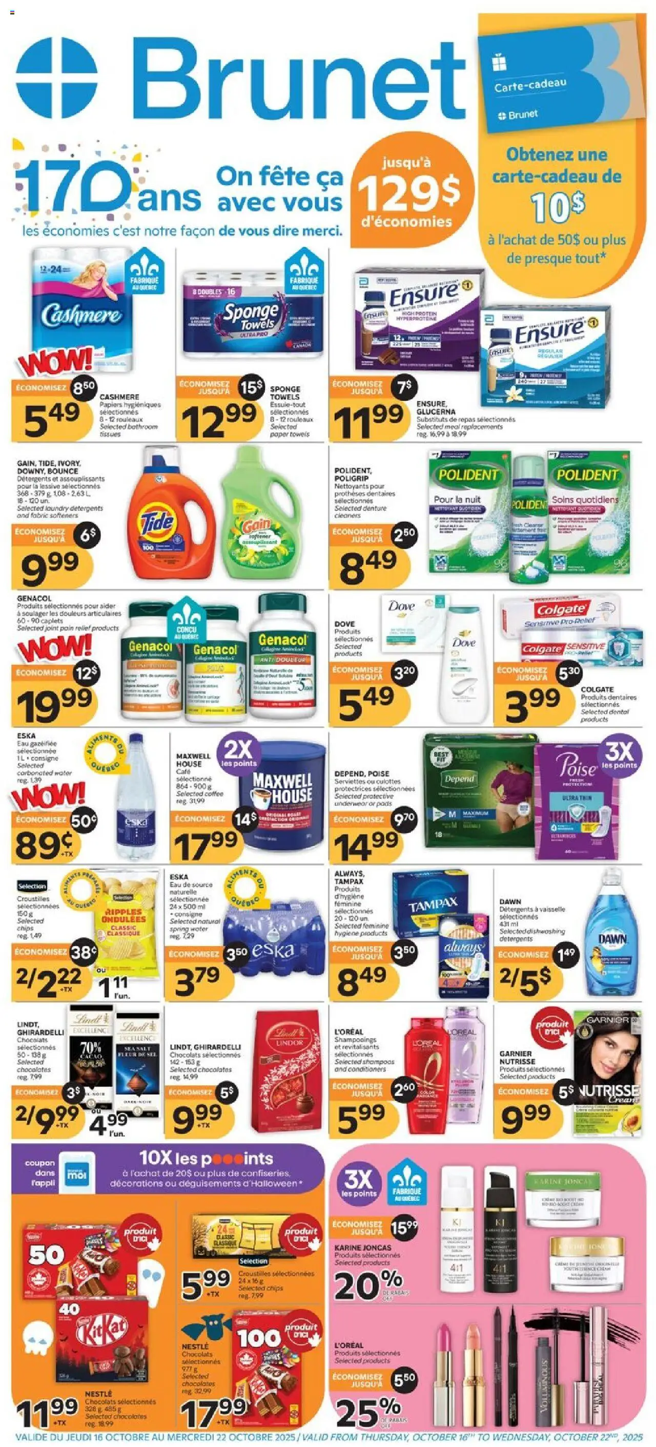 Preview of leaflet Weekly flyer / circulaire from shop Brunet is valid from Oct 16, 2025 - Coffee, Water, Chips, Spring water, Underwear, Paper towels, Sponge, Tissues