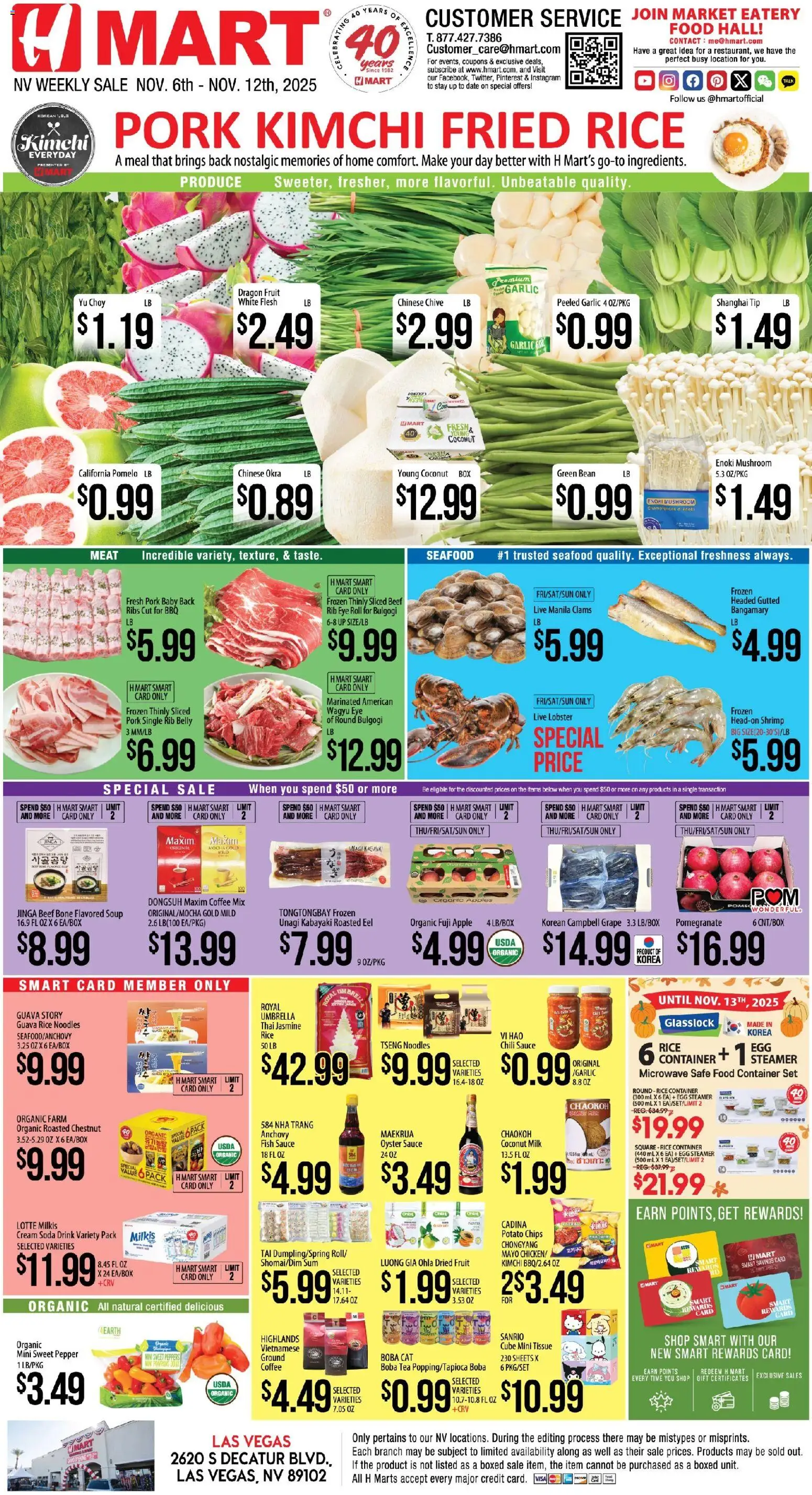Ad Preview of Hmart ENGLISH - Nevada from 11/06/2025 - Seafood, Tea, Kimchi, Meat, Pepper, Pomelo, Dried fruit, Sweet pepper