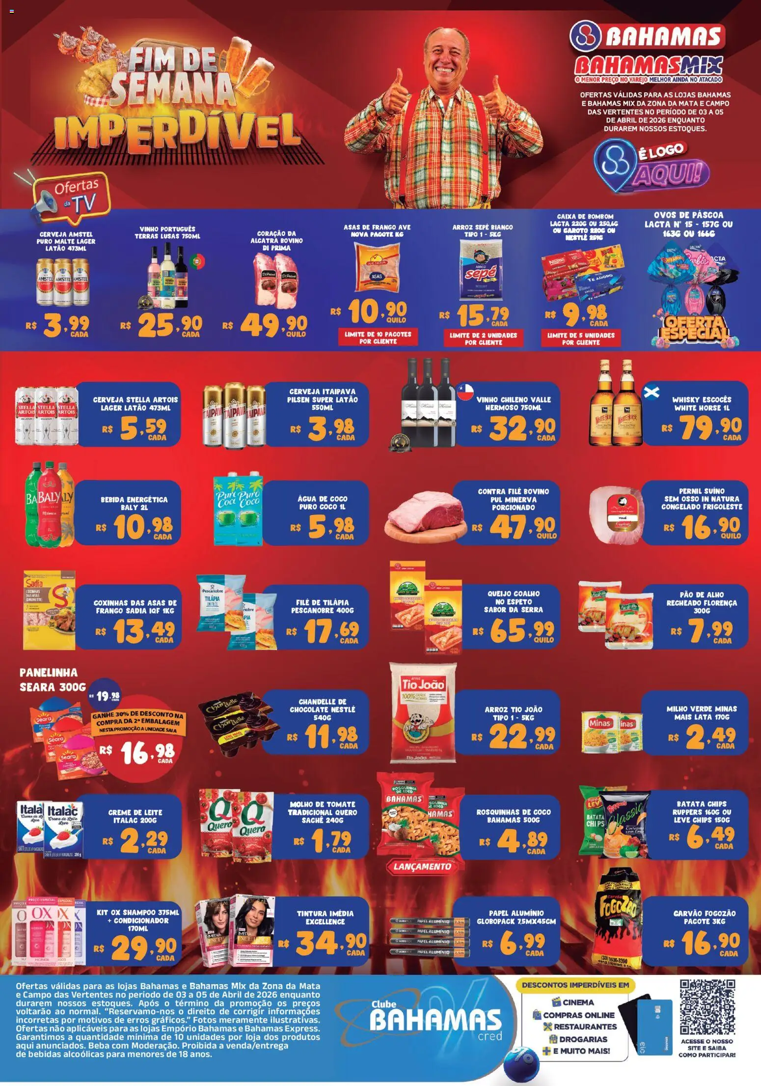 Pré-Visualização do folheto "Bahamas Supermercados ofertas Fim de Semana Imperdível" da loja Bahamas Supermercados válido a partir de 03/04/2026 - Shampoo, Cerveja, Água, Batata, Creme de leite, Alho, Pernil suíno, Asas de frango