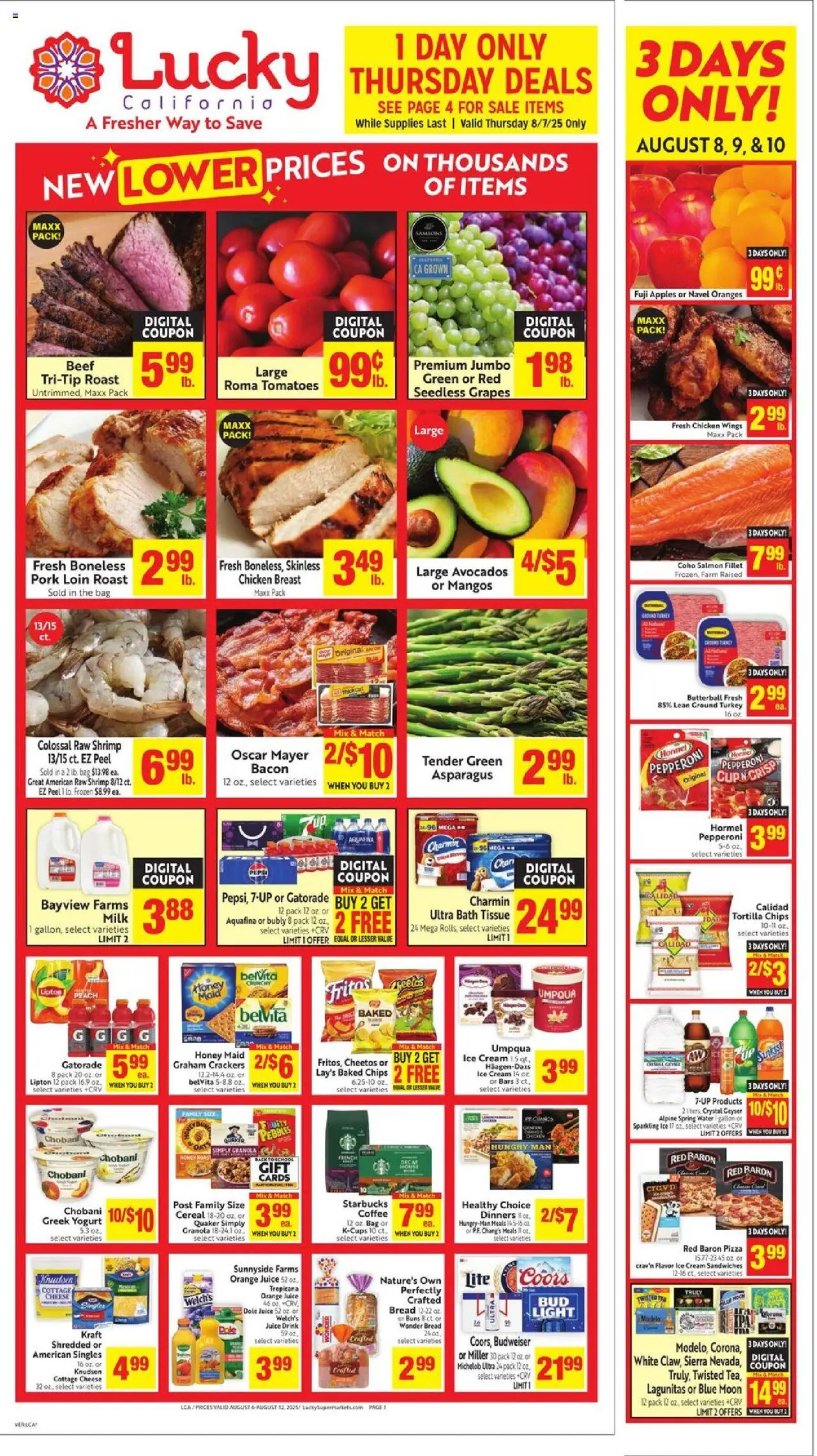 Lucky Supermarkets Weekly Ad from 08/06/2025 - Flyer - Page number 1 - Ice cream, Turkey, Chips, Cheese, Juice, Greek yogurt, Cream, Salmon fillet