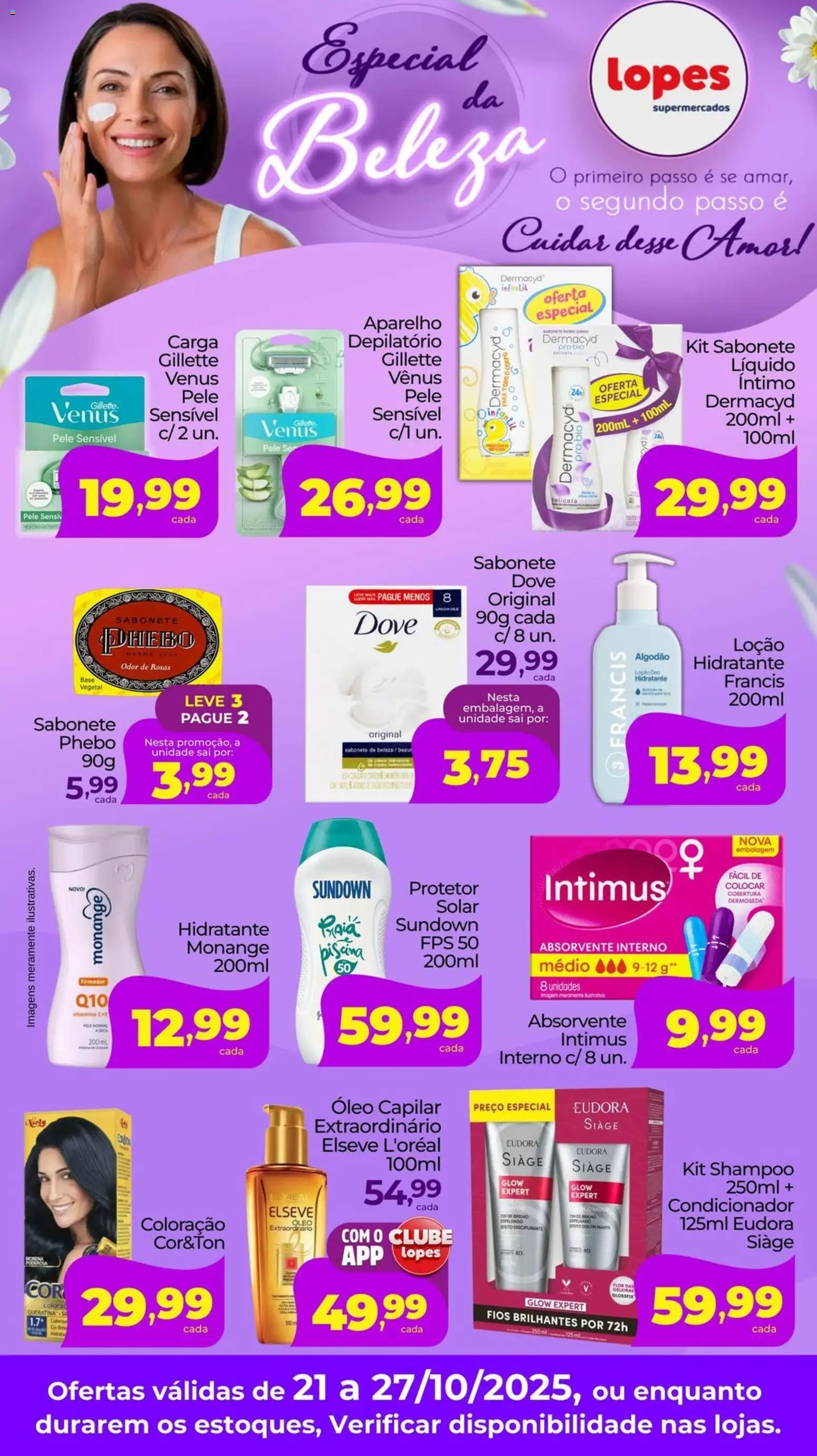 Lopes Supermercados folheto "Ofertas Especial da Beleza" válido a partir de 21/10/2025 - número de página 1 - Piscina, Shampoo, Sabonete, Dove, Algodão, Absorvente interno, Condicionador, Óleo capilar