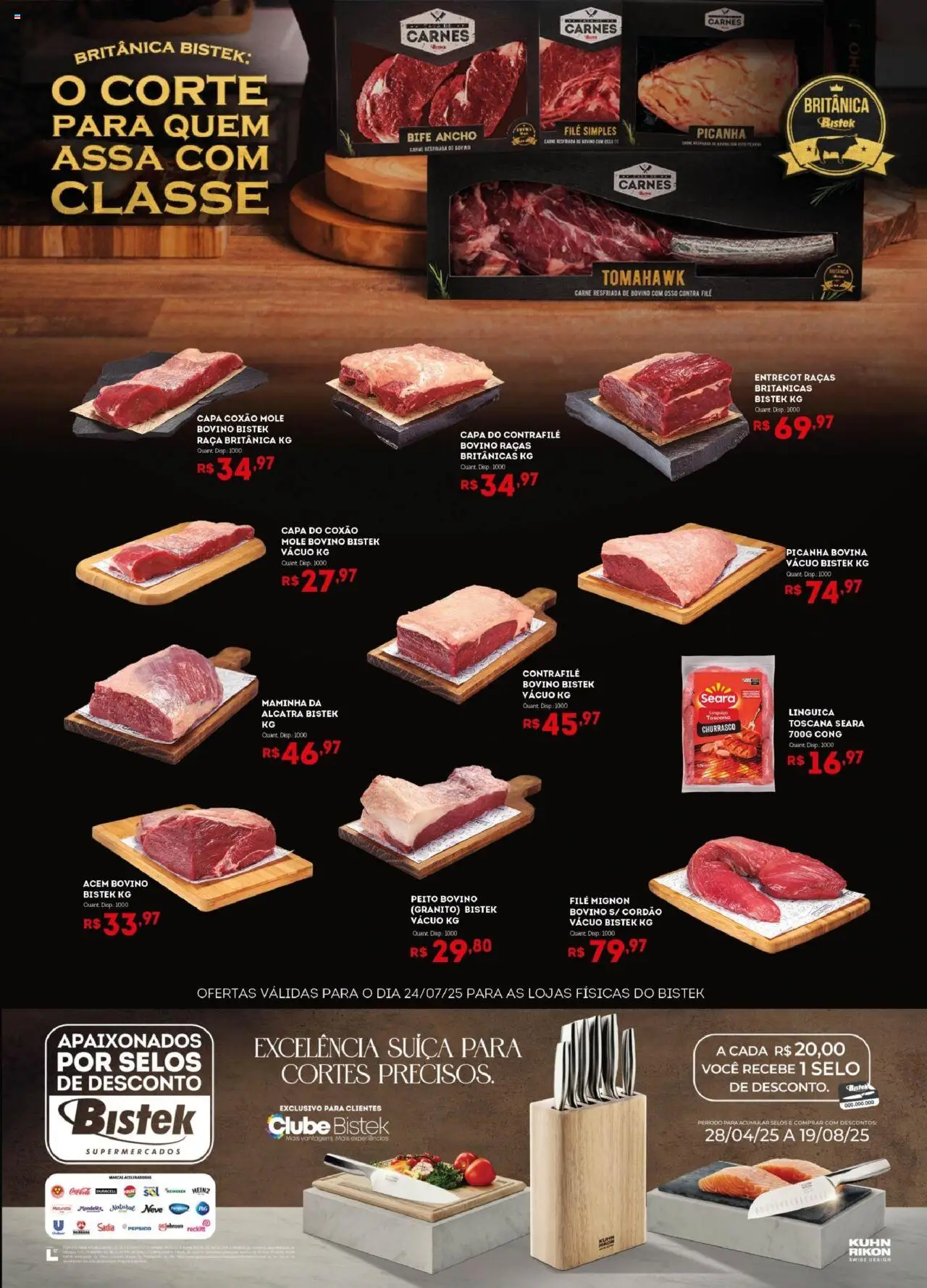 Bistek Supermercados folheto "Ofertas Quinta das Carnes" válido a partir de 24/07/2025 - número de página 1 - Picanha, Bife ancho, Linguiça, Filé mignon, Maminha, Contra filé, Acém, Coxão mole