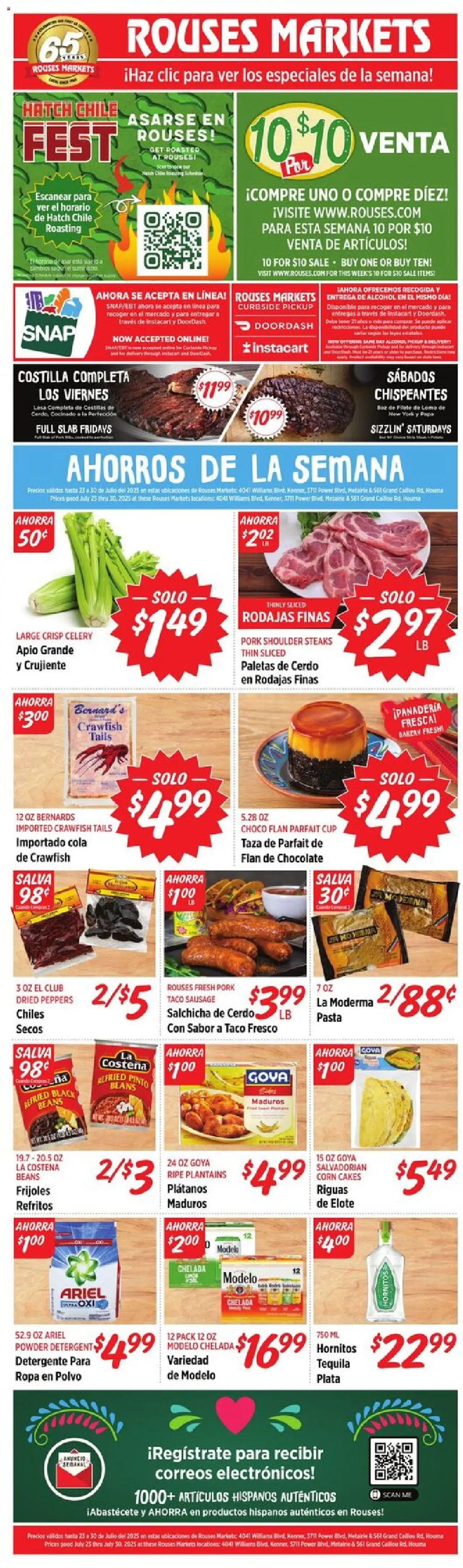 Rouses Ad from 07/23/2025 - Flyer - Page number 1 - Bakery, Corn, Pork shoulder, Peppers, Powder, Tequila, Pasta, Beans