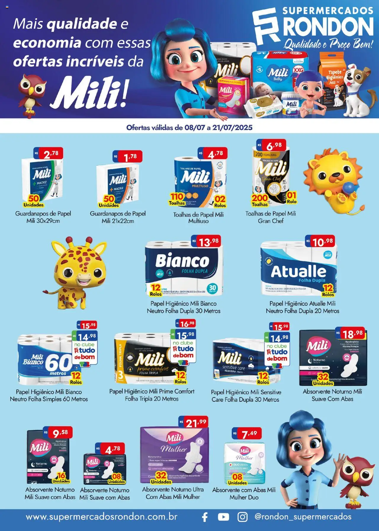 Supermercados Rondon folheto "Ofertas Mili" válido a partir de 08/07/2025 - número de página 1 - Toalhas de papel, Rolo, Tapete, Absorvente, Papel higiênico