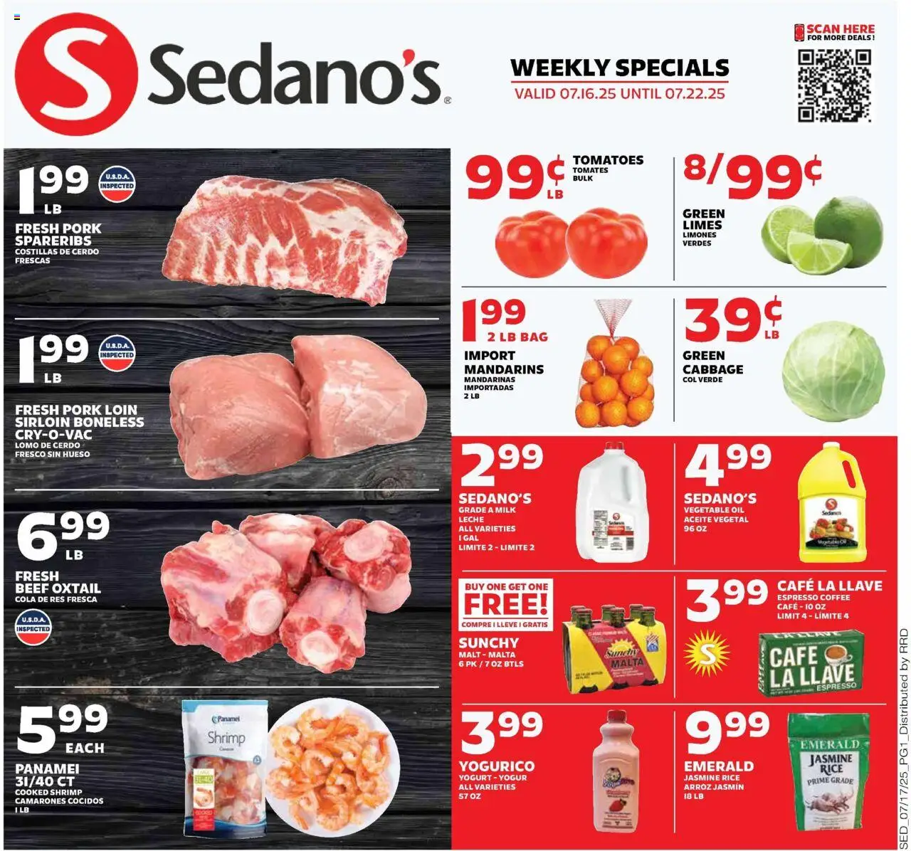Sedano's Weekly Ad from 07/16/2025 - Flyer - Page number 1 - Mandarins, Shrimp, Jasmine rice, Coffee, Pork, Rice, Beef, Bag