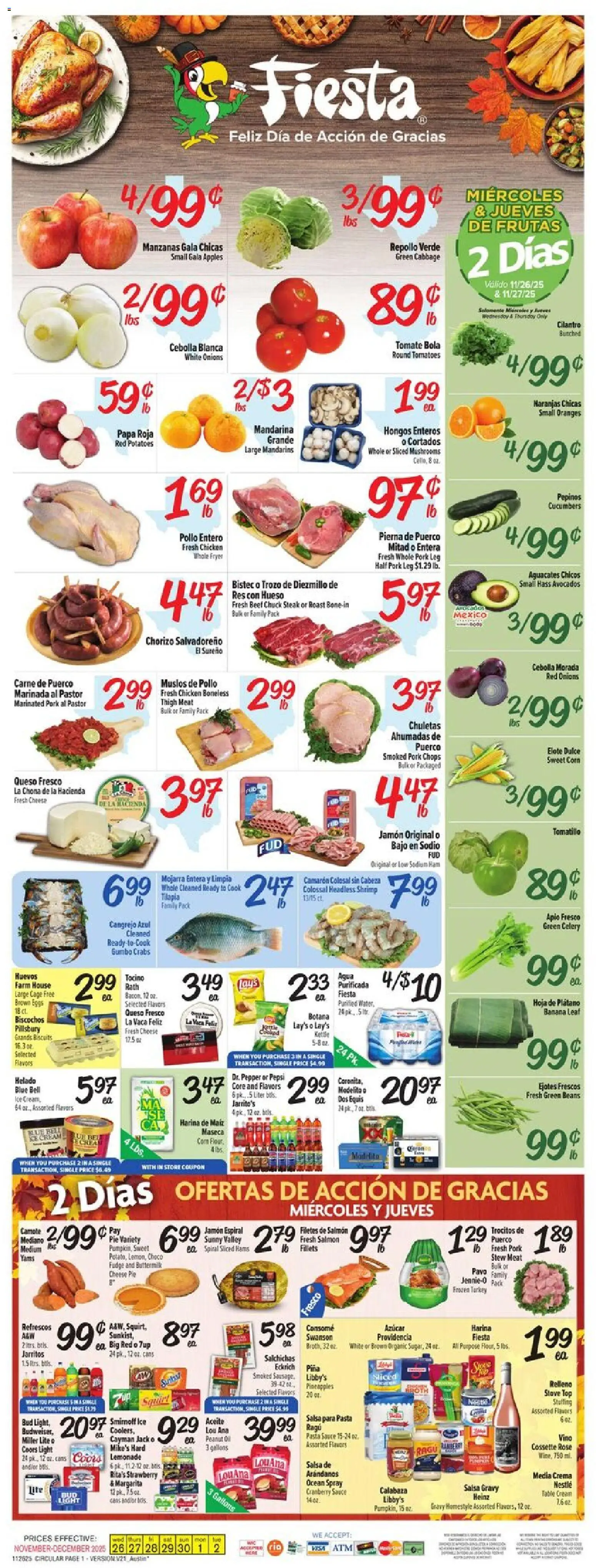 Ad Preview of Fiesta Mart Weekly Ad from 11/26/2025 - Ice, Salmon, Meat, Stove, Celery, Sauce, Pork leg, Chicken