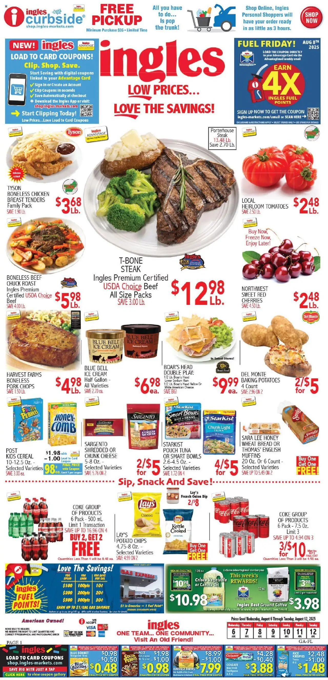 Ingles Weekly Ad from 08/06/2025 >> Sales Ad PREVIEW - Page number 1 - Coffee, Bread, Oil, Beans, Pork, Muffins, Ground coffee, Chicken