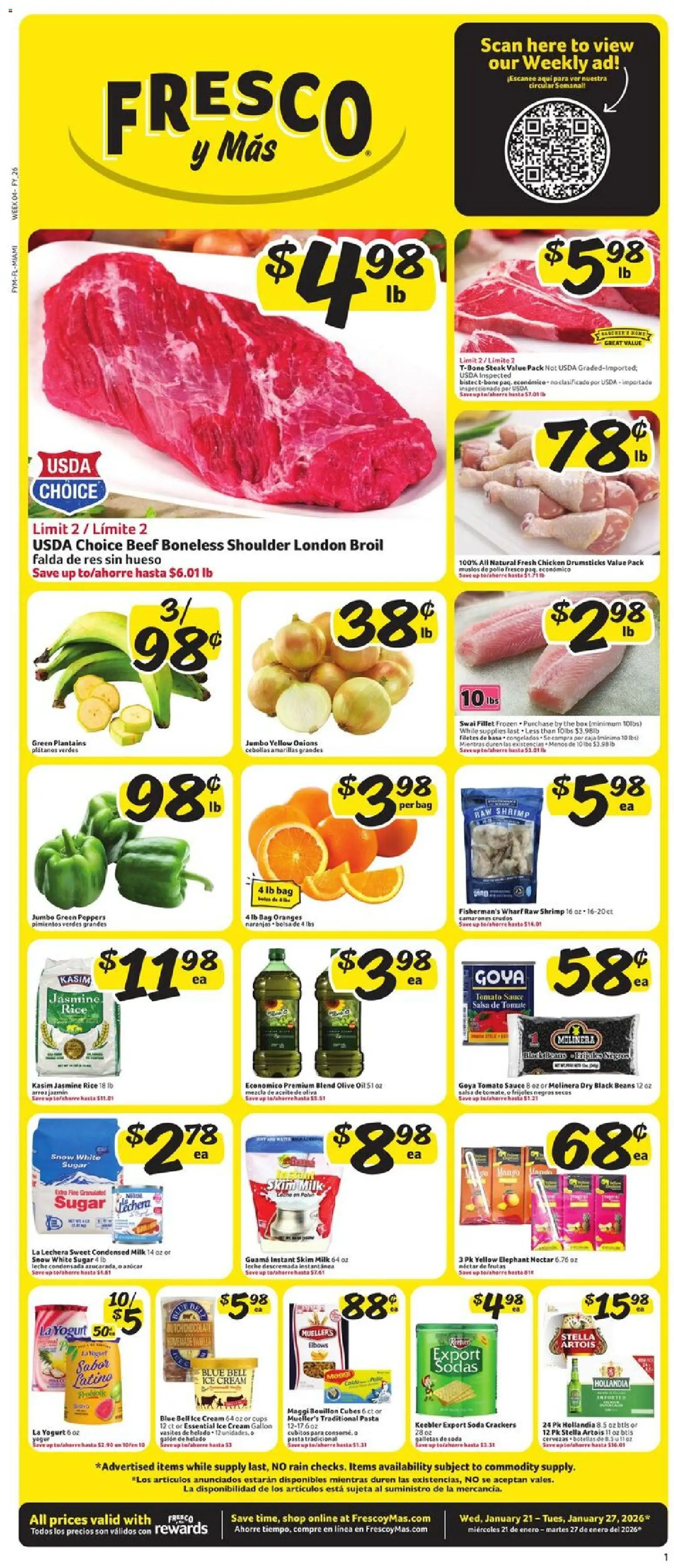 Ad Preview of Fresco y Más Weekly Ad from 01/21/2026 - Box, Oranges, Rice, Sugar, Beef, Jasmine rice, Condensed milk, Chicken drumsticks