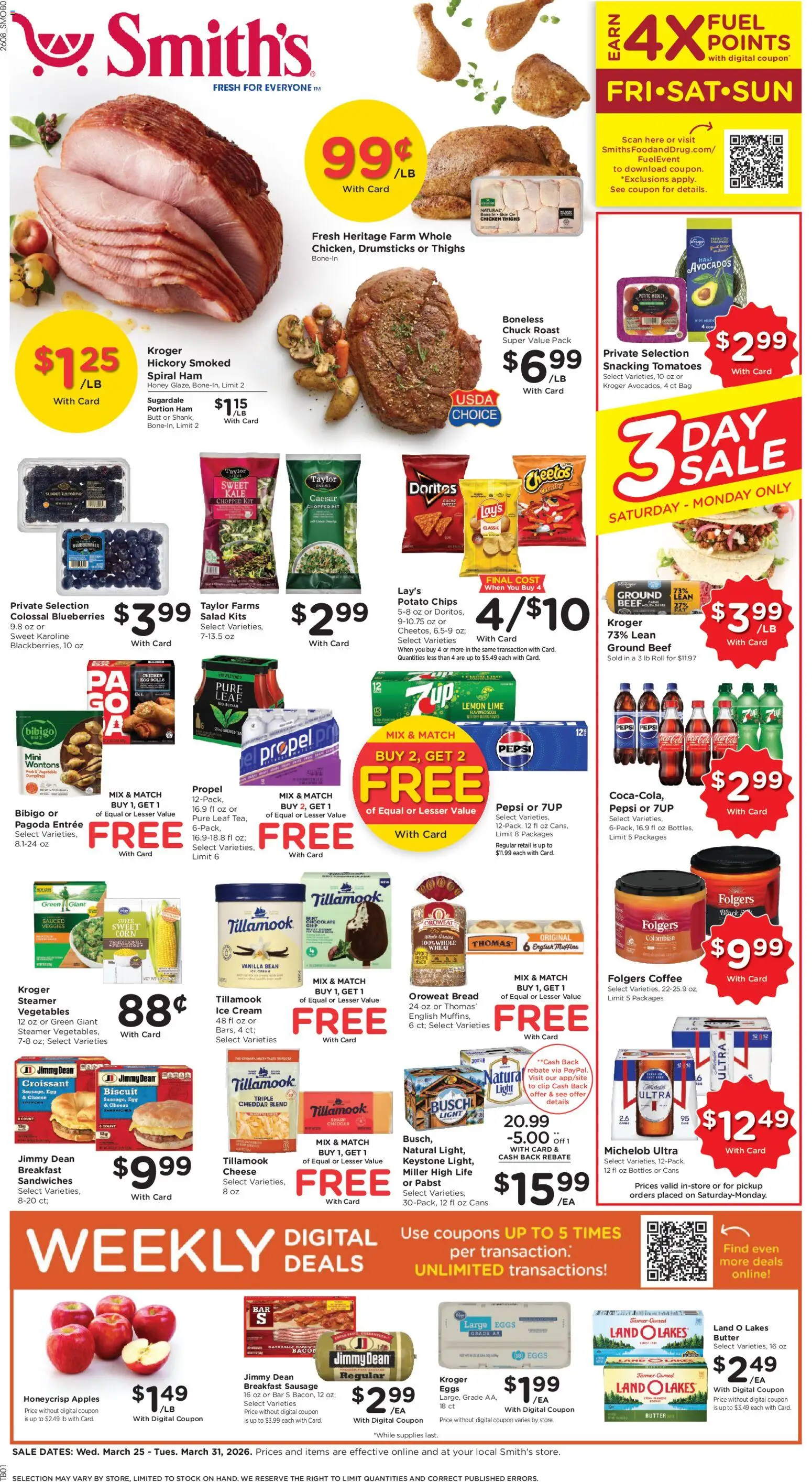 Ad Preview of Smith's Smith's Weekly Ad - ID from 03/25/2026 - Ice, Tea, Salad, Croissant, Cheese, Corn, Bag, Chicken thighs
