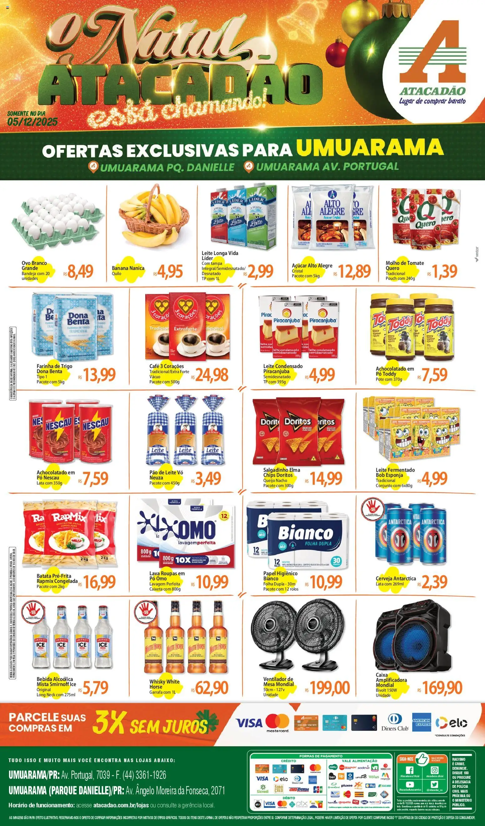 Pré-Visualização do folheto "Ofertas - PR" da loja Atacadão válido a partir de 05/12/2025 - Caixa, Bebida, Batata, Tomate, Açúcar, Ventilador de mesa, Esponja, Leite fermentado