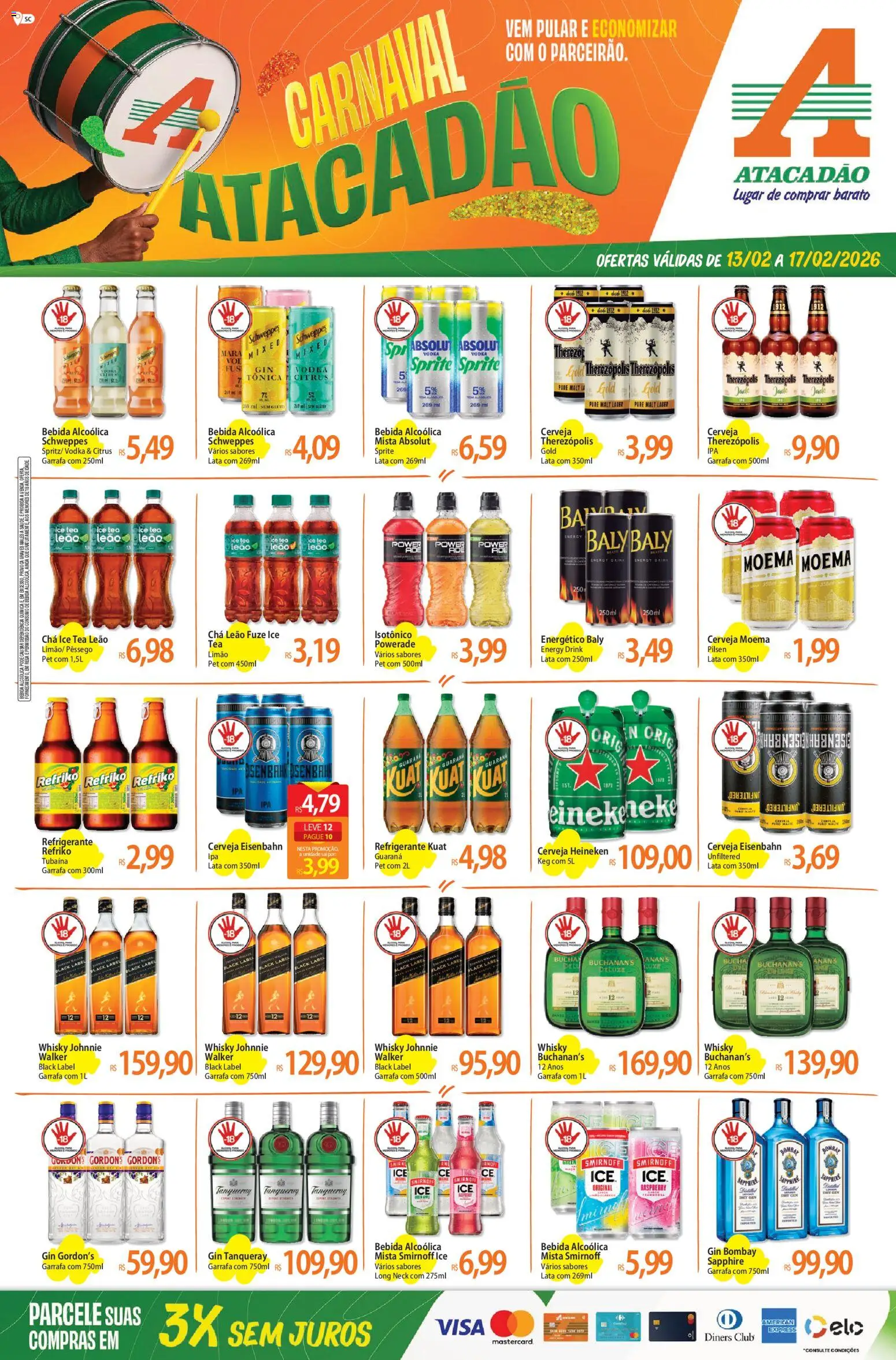 Pré-Visualização do folheto "Ofertas - SC" da loja Atacadão válido a partir de 13/02/2026 - LEGO, Gin, Cerveja Heineken, Refrigerante, Energético, Isotônico, Guaraná, Gin Bombay