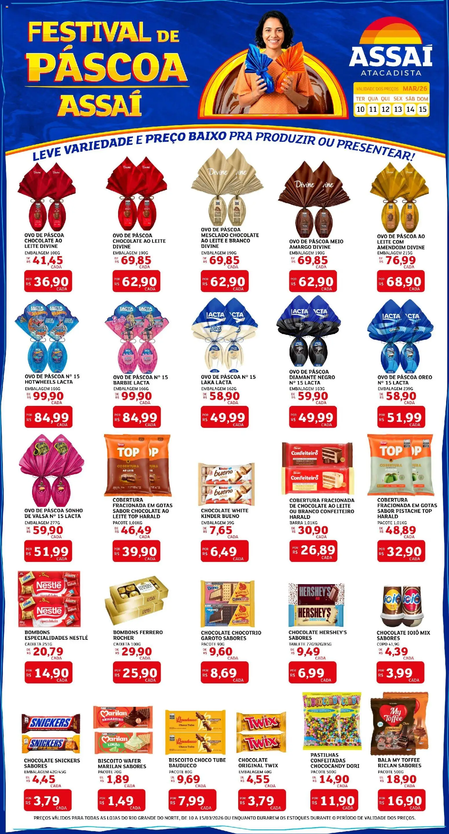 Pré-Visualização do folheto "Assaí Atacadista ofertas - RN" da loja Assaí Atacadista válido a partir de 10/03/2026 - Ovo de páscoa, Pistache, Sonho, Baixo, Bala, Chocolate Snickers, Twix, Especialidades