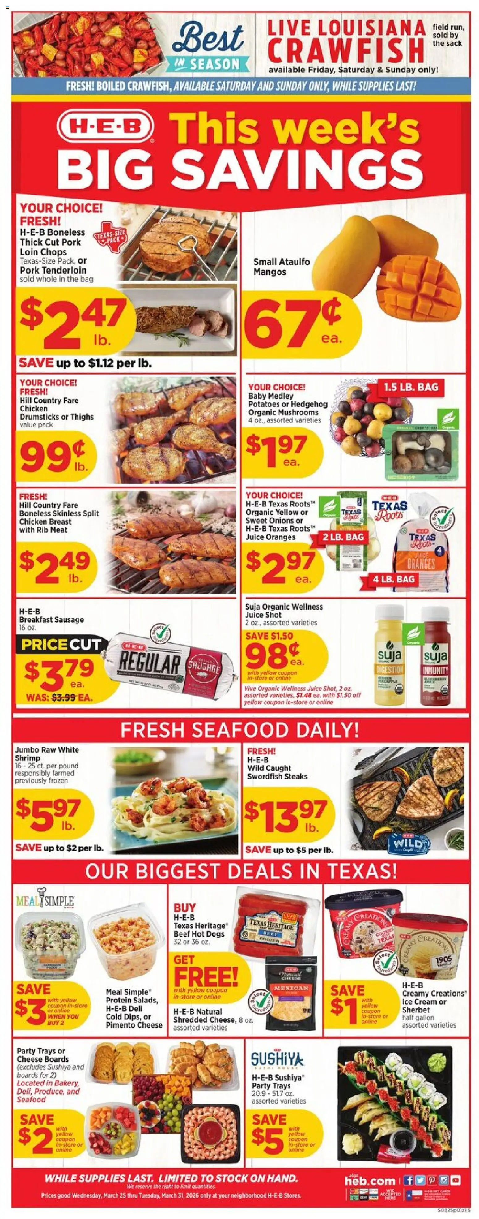 Ad Preview of H-E-B H-E-B Weekly Ad from 03/25/2026 - Seafood, Hot Dogs, Mushrooms, Juice, Meat, Beef, Cream, Drumsticks