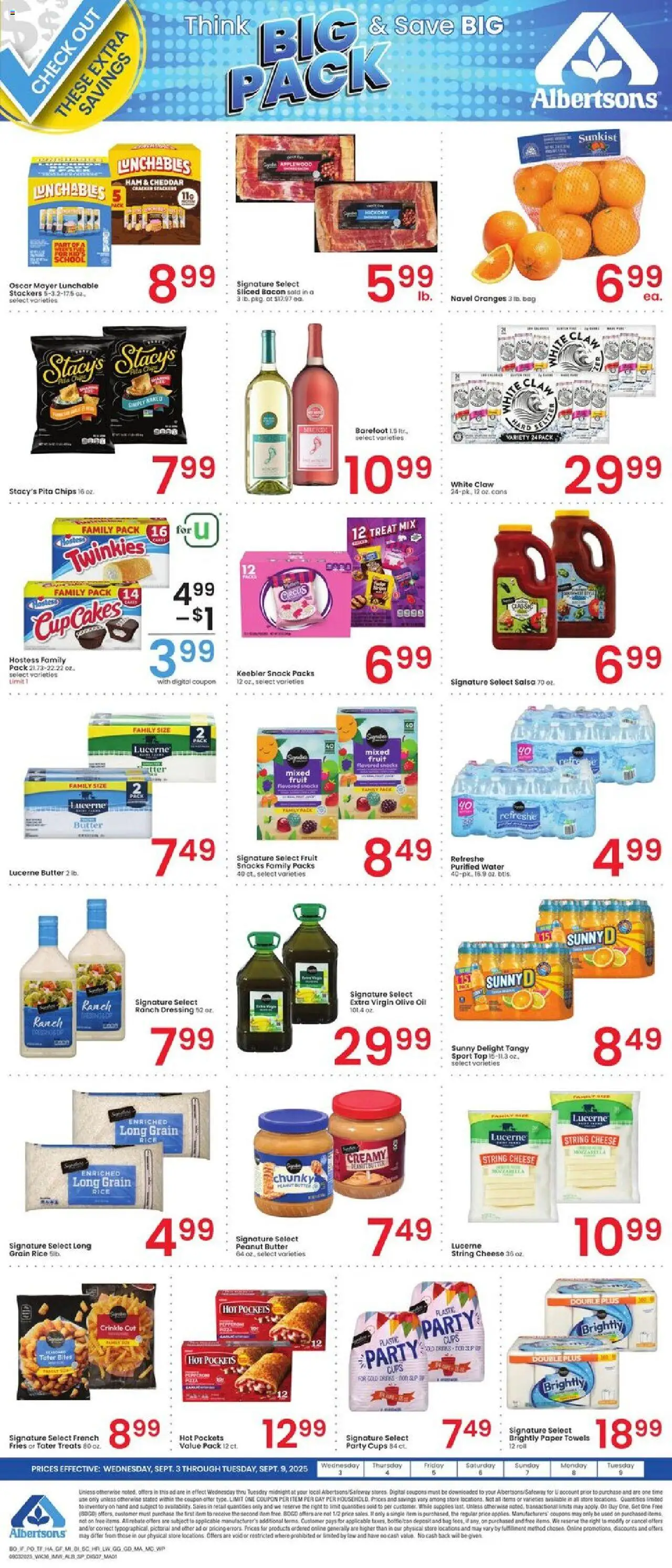 Albertsons Specialty Publication from 09/03/2025 - Flyer - Page number 1 - Snacks, Oranges, Chips, Fruit, Dressing, Rice, Ham, Extra virgin olive oil