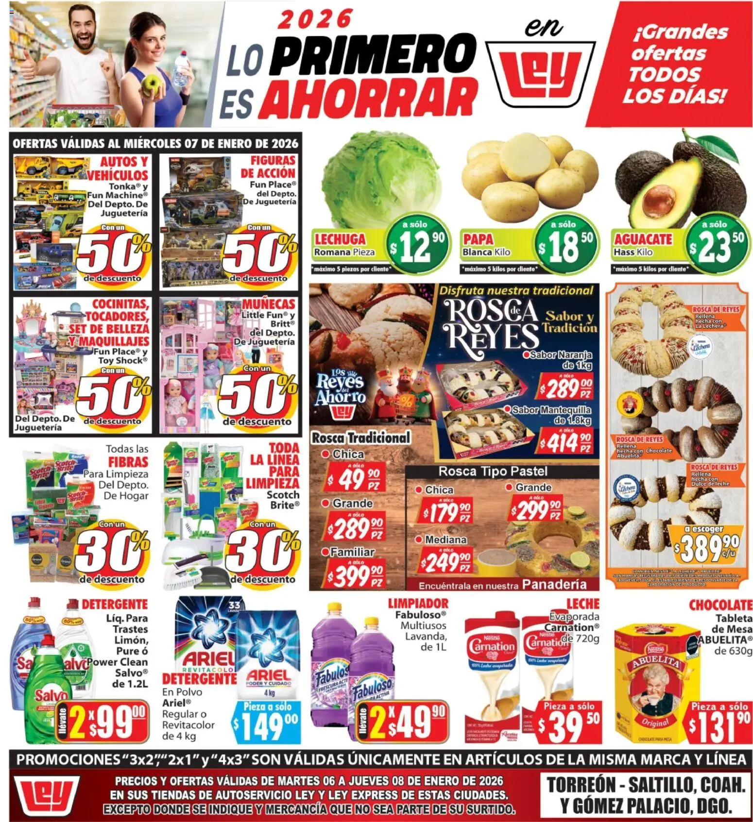 Vista previa las ofertas de la tienda Casa Ley - Folleto Torreón, Saltillo, Coah y Gómez Palacio, Dgo desde el 06/01/2026 - Panadería, Chocolate, Pastel, Leche, Mantequilla, Dulce de leche, Detergente, Puré