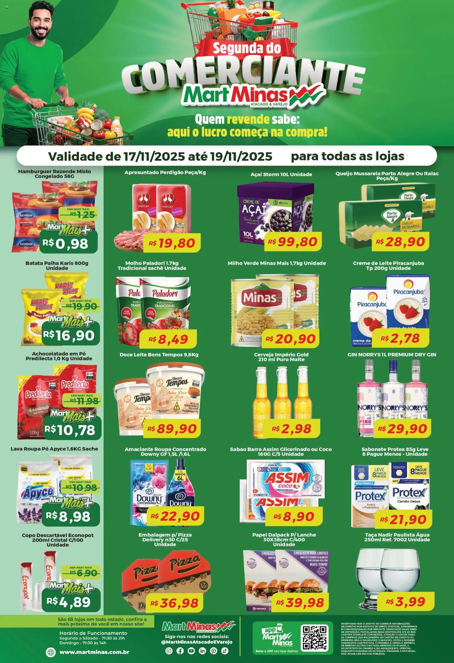 Pré-Visualização do folheto "Ofertas Segunda do Comerciante" da loja Mart Minas válido a partir de 17/11/2025 - Pizza, Hambúrguer, Açaí, Queijo, Batata, Aveia, Amaciante, Achocolatado