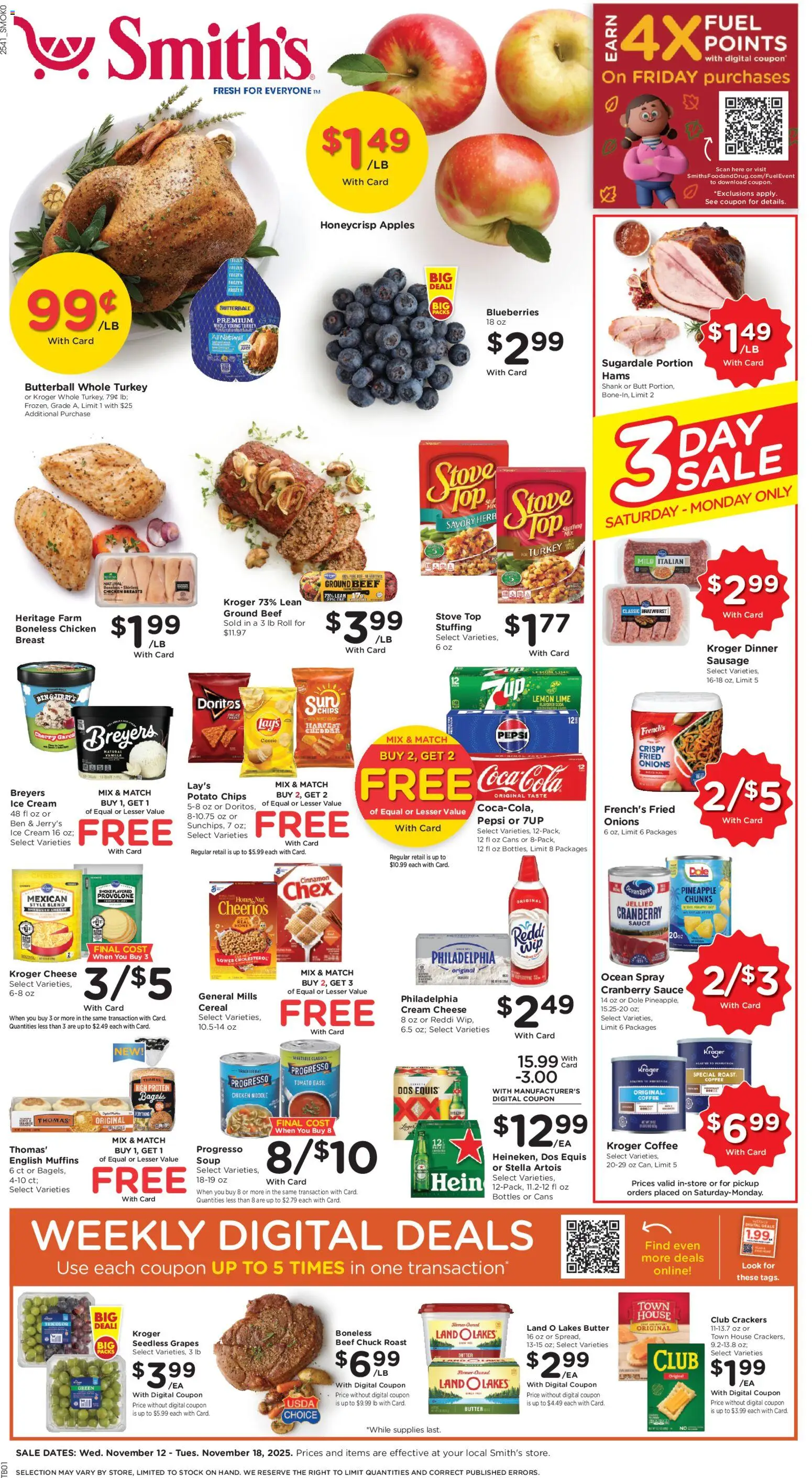 Ad Preview of Smith's Weekly Ad - WY from 11/12/2025 - Apples, Ice, Pineapple, Tomato, Cereal, Pepsi, Beef, Chicken