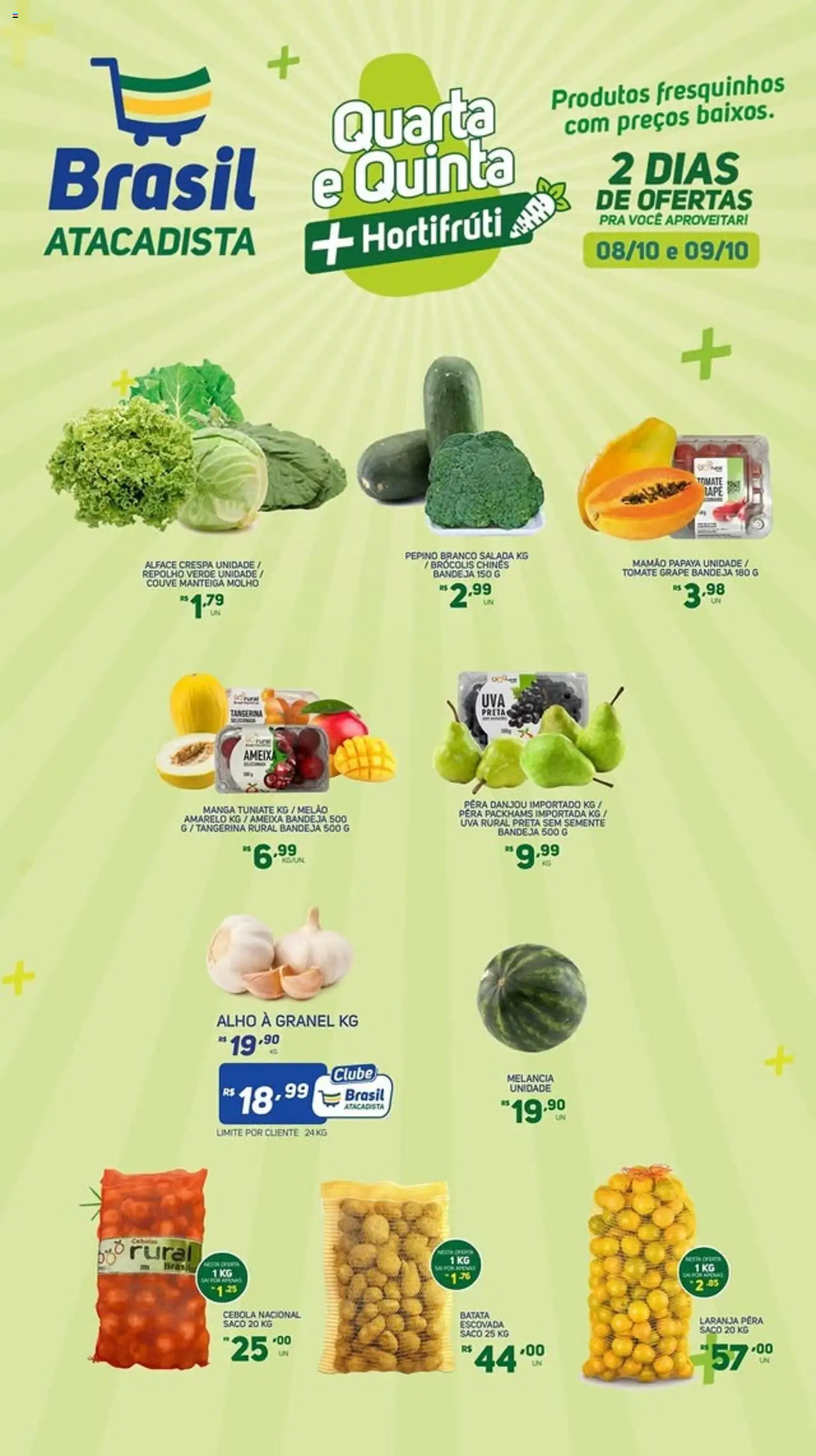 Brasil Atacadista folheto "Ofertas Hortifruti" válido a partir de 08/10/2025 - número de página 1 - Melancia, Brócolis, Batata, Ameixa, Pera, Couve, Melão, Mamão