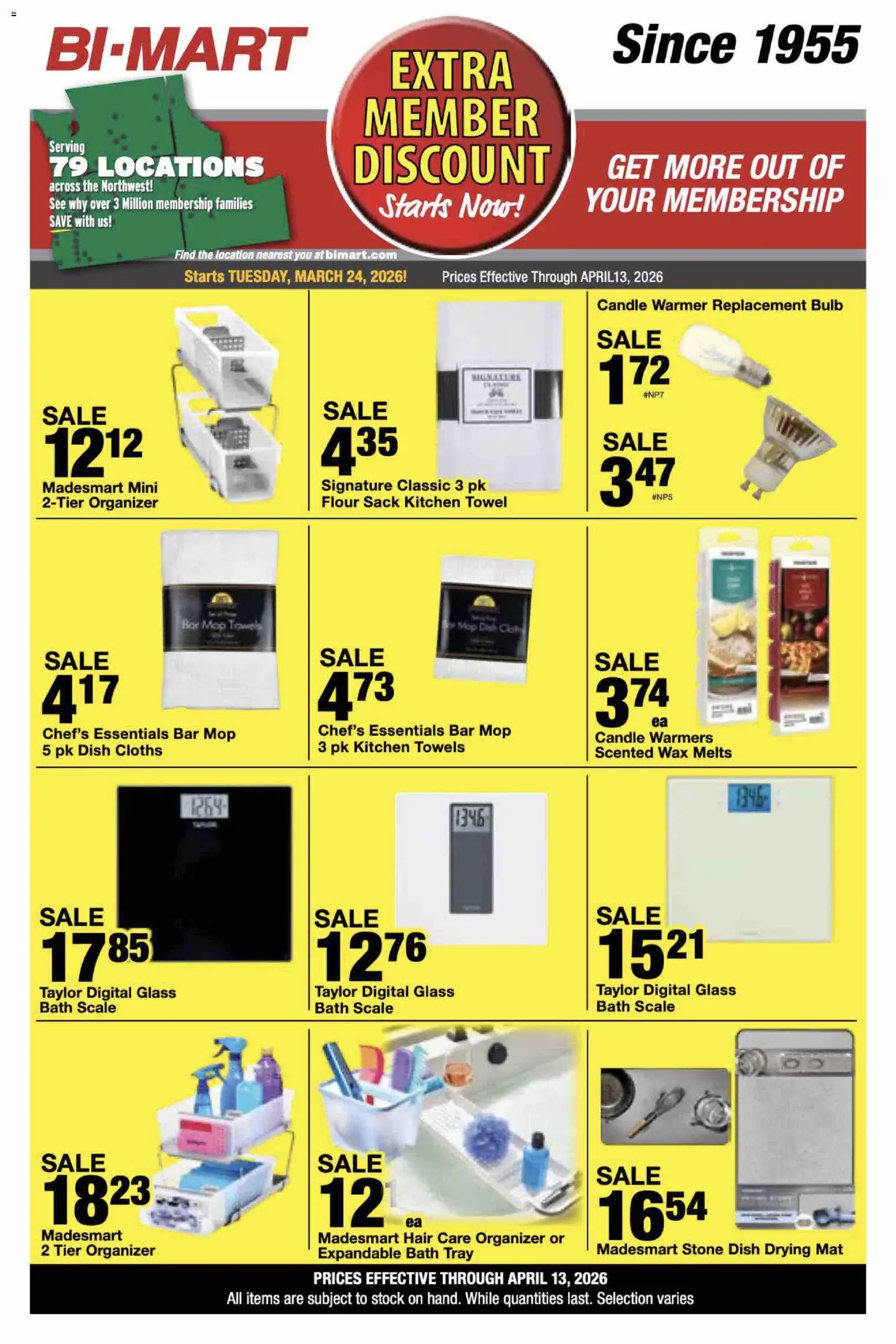 Ad Preview of Bi-Mart Bi-Mart Extra Membership Discount from 03/24/2026 - Mop, Bath, Flour, Kitchen towels