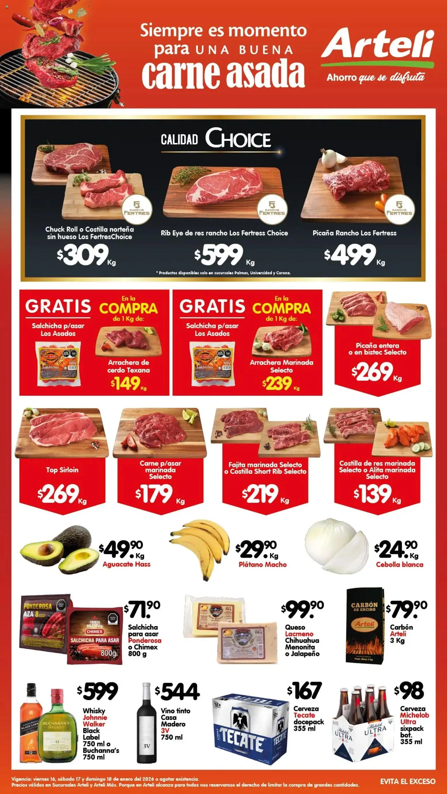 Vista previa las ofertas de la tienda Arteli - Folleto Carnita Asada desde el 16/01/2026 - Queso, Carne, Top, Vino, Cerdo, Bistec, Salchicha, Salchichas