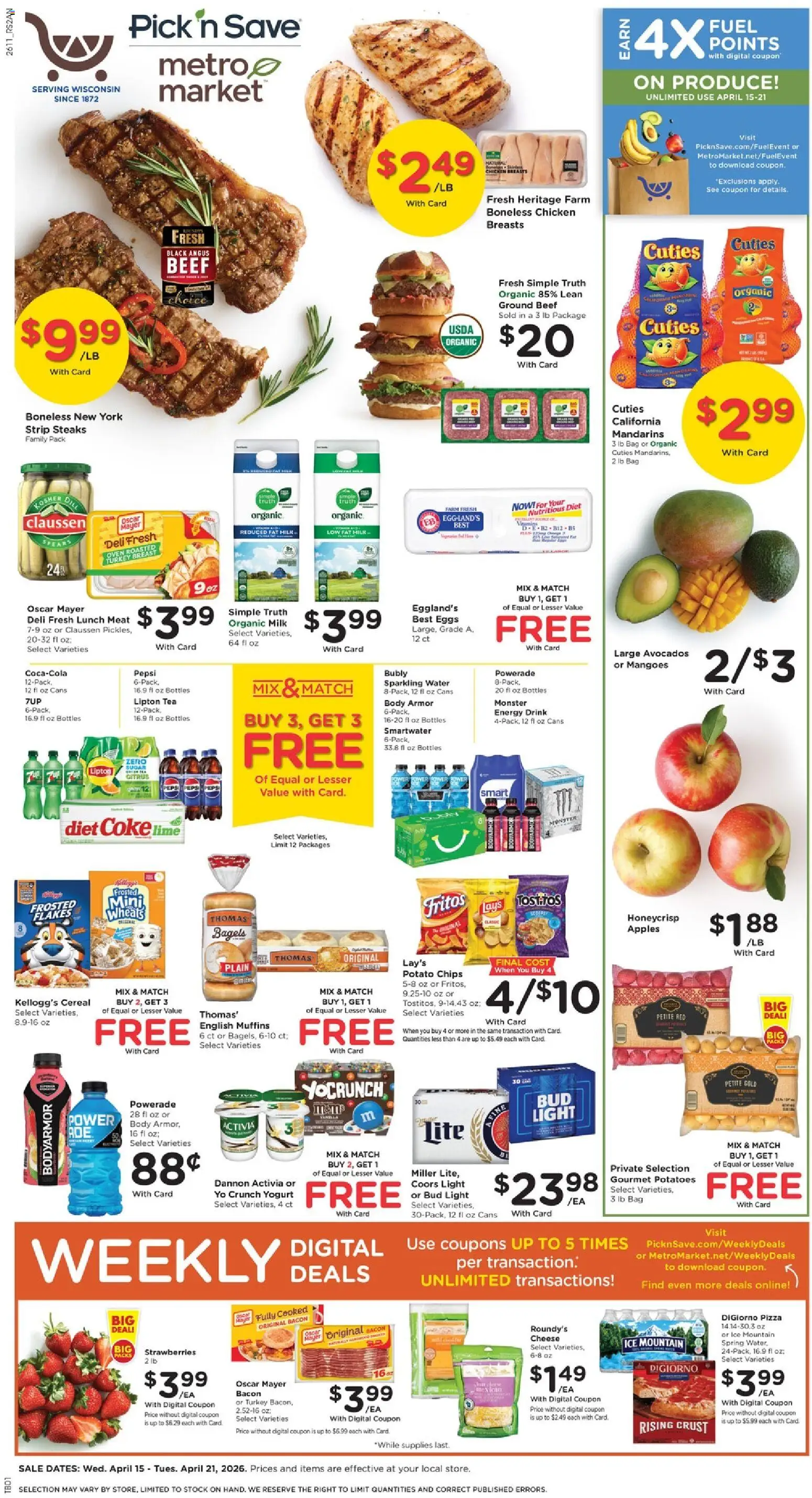 Ad Preview of Pick ‘n Save Pick ‘n Save Weekly Ad from 04/15/2026 - Water, Tea, Milk, Pepsi, Bacon, Bag, Potato chips, Flakes