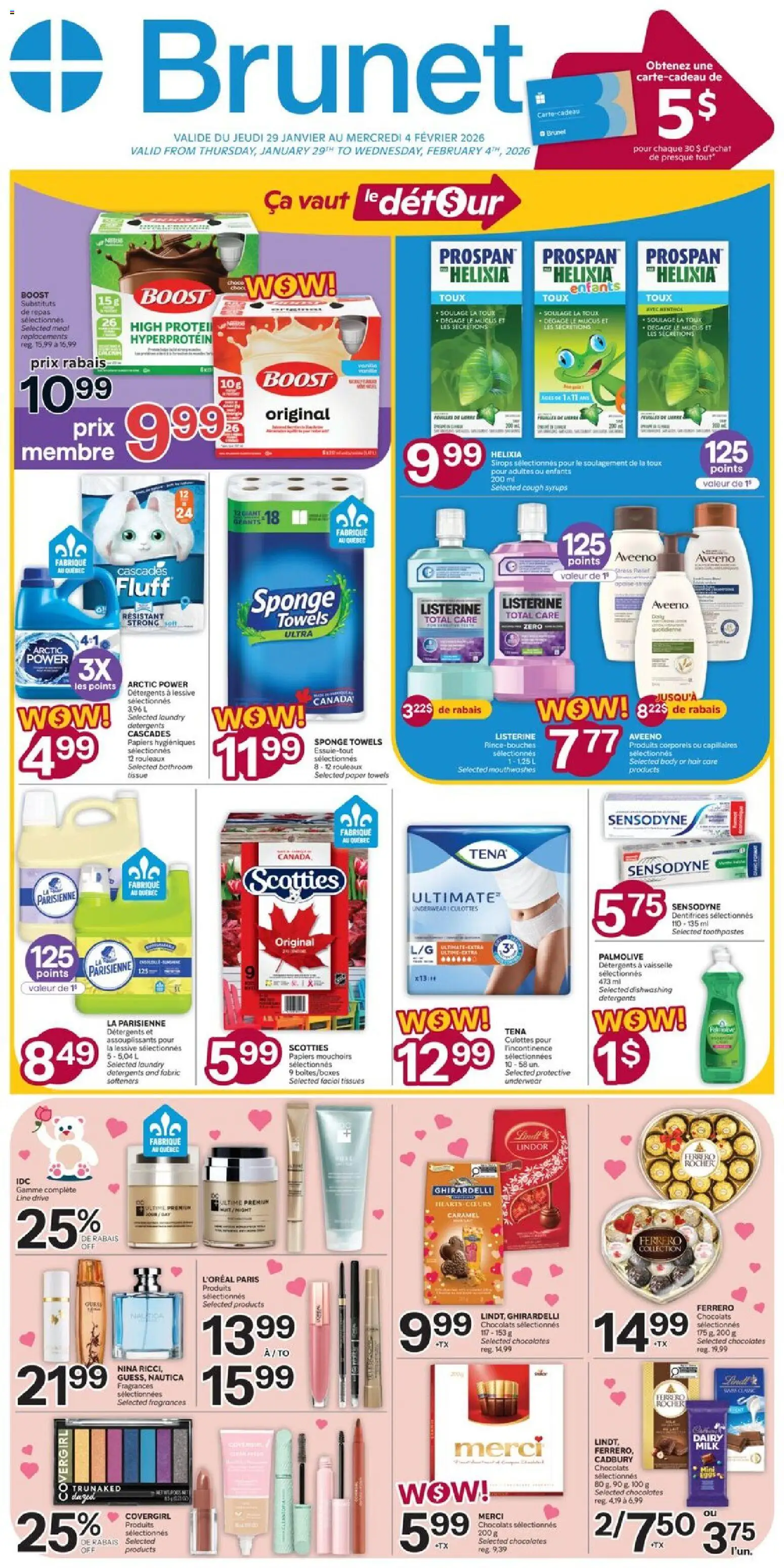 Preview of leaflet Weekly flyer / circulaire from shop Brunet is valid from Jan 29, 2026 - Milk, Protein, Underwear, Paper towels, Towels, Sponge, Listerine, Tissues