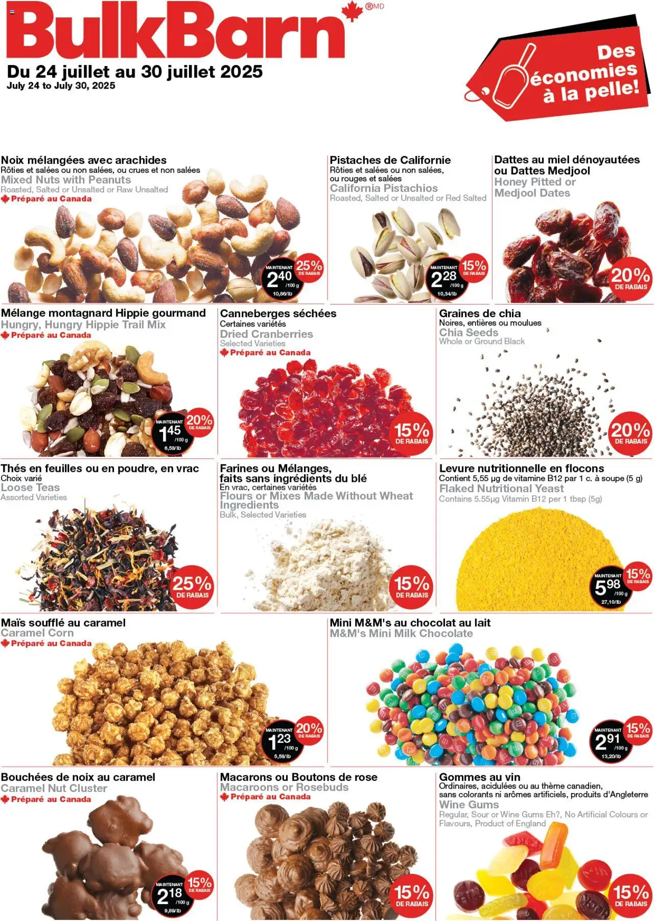Bulk Barn flyer valid from Jul 24, 2025 - page number 1 - Macarons, Vin, Chocolat, Maïs, Canneberges, Lait, Levure, Pistaches