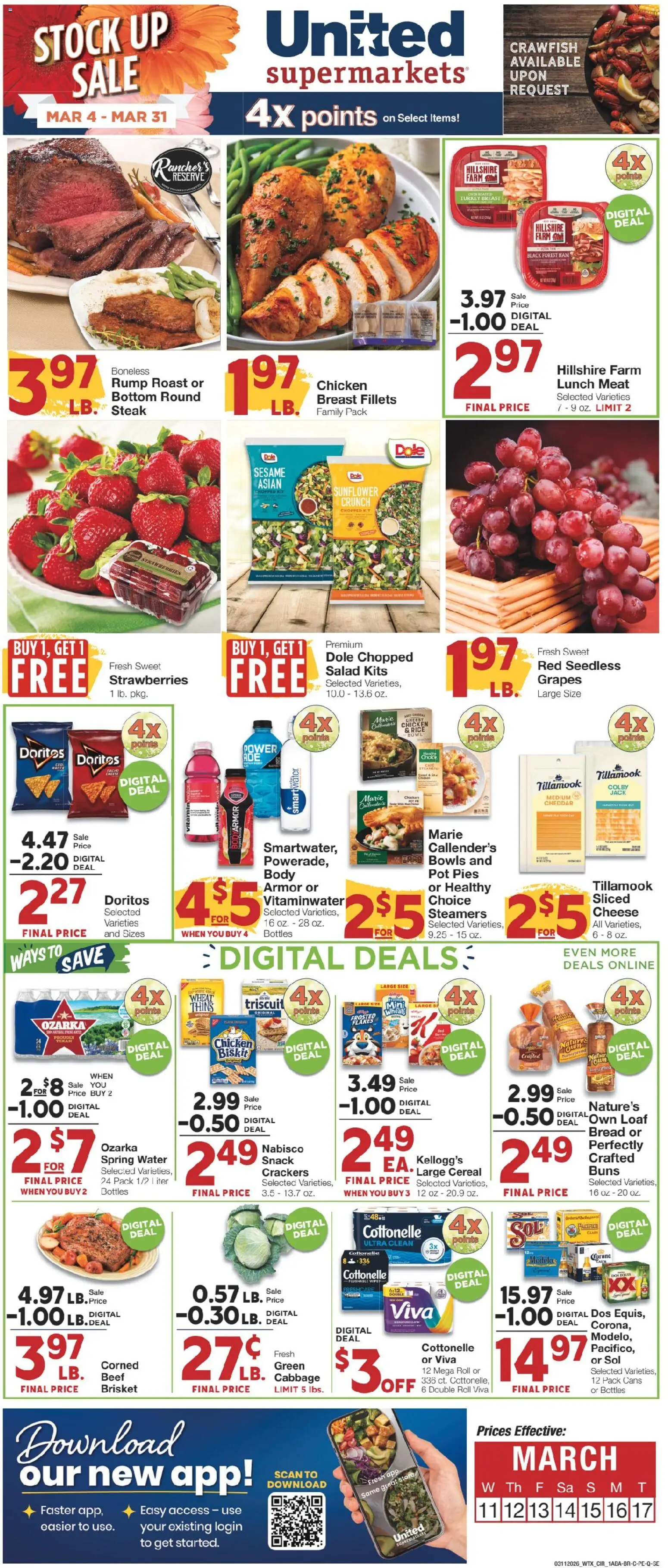 Ad Preview of United Supermarkets United Supermarkets Weekly Ad from 03/10/2026 - Water, Salad, Cheese, Cereal, Meat, Beef, Cabbage, Chicken