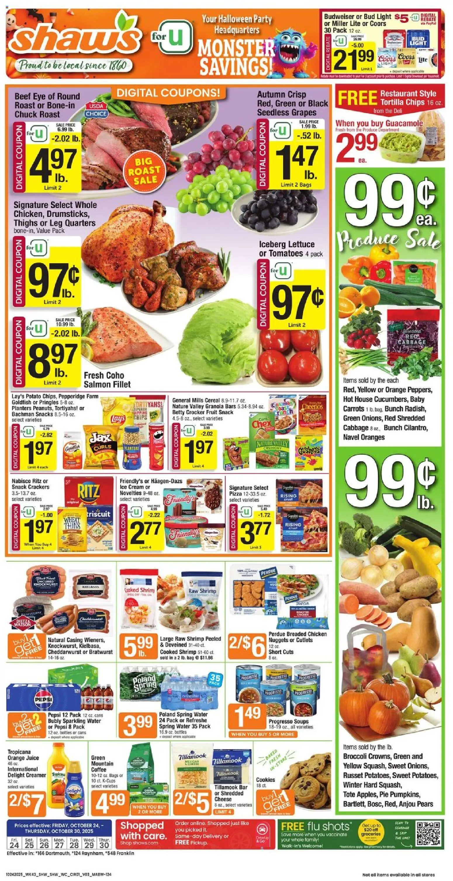 Shaw's Weekly Ad - MA from 10/24/2025 - Flyer - Page number 1 - Cookies, Chips, Shrimp, Juice, Tomatoes, Cabbage, Pears, Orange juice