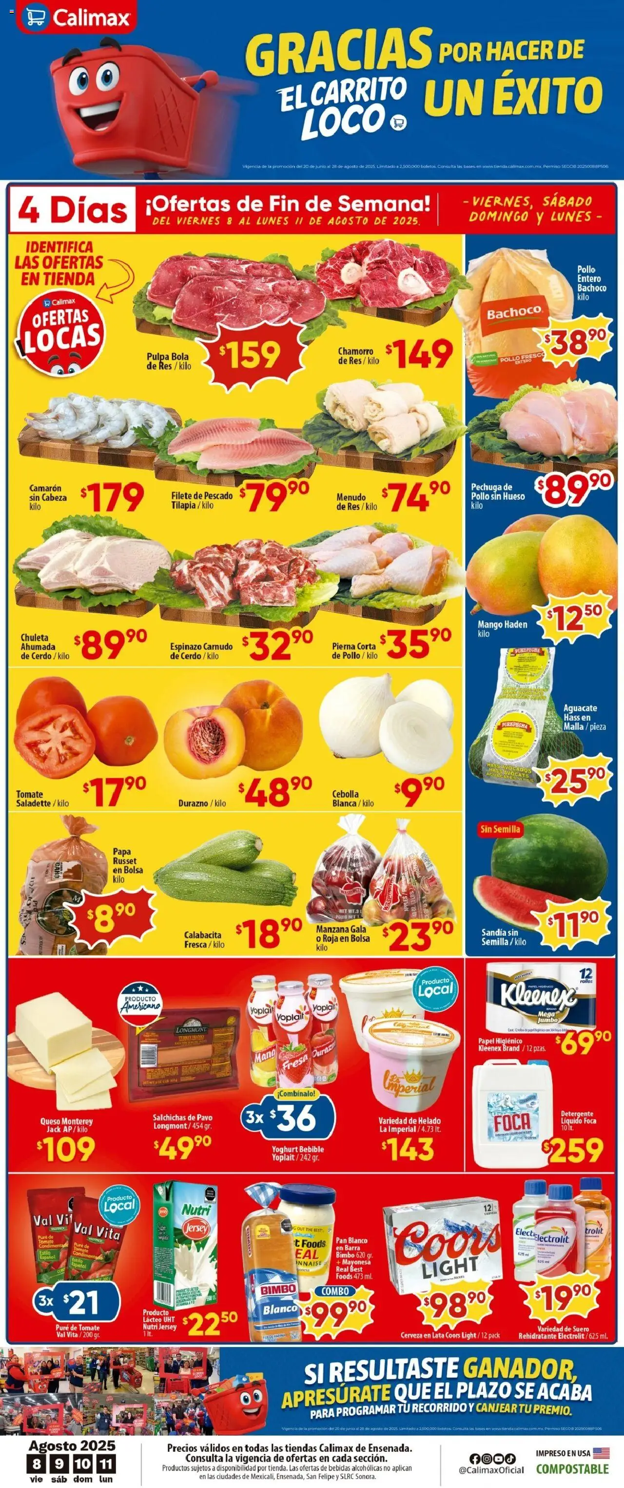 Folleto Ensenada Calimax y sus promociones válidas desde el 08/08/2025 - Número de página 1 - Pollo, Bolsa, Durazno, Pavo, Cerdo, Detergente, Chuleta, Puré