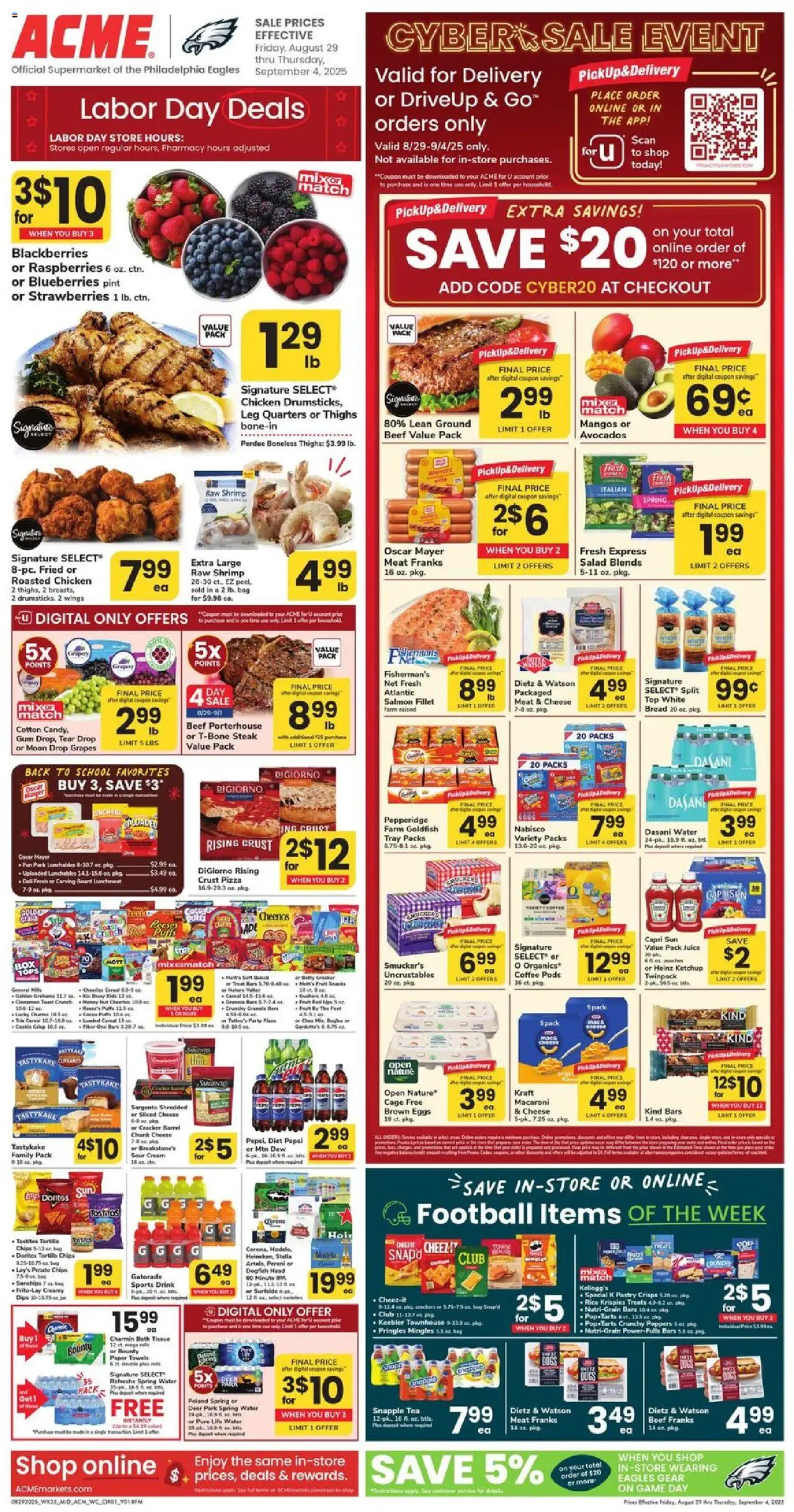 Acme Weekly Ad from 08/29/2025 - Circular, Flyer - Page number 1 - Tea, Chips, Cereal, Grapes, Beef, Bath, Potato chips, Chicken