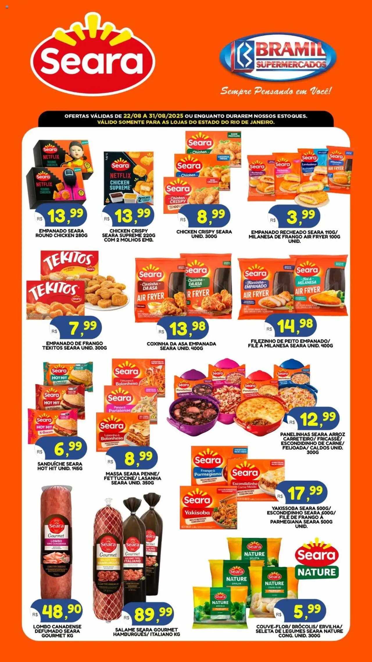 Bramil Supermercados folheto "Ofertas Seara" válido a partir de 22/08/2025 - número de página 1 - Air fryer, Lasanha, Frango, Legumes, Couve, Carne moída, Filé de frango, Ervilha