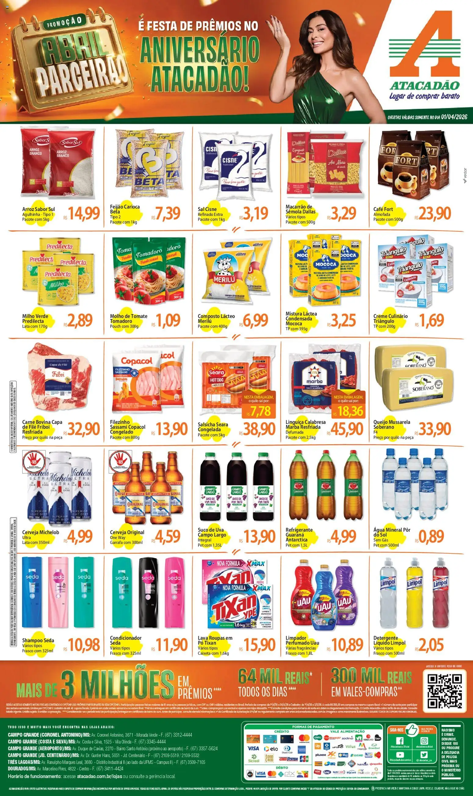 Pré-Visualização do folheto "Atacadão ofertas - MS" da loja Atacadão válido a partir de 01/04/2026 - Perfumes, Suco, Milho, Almofada, Pó, Guaraná, Milho verde, Espaguete