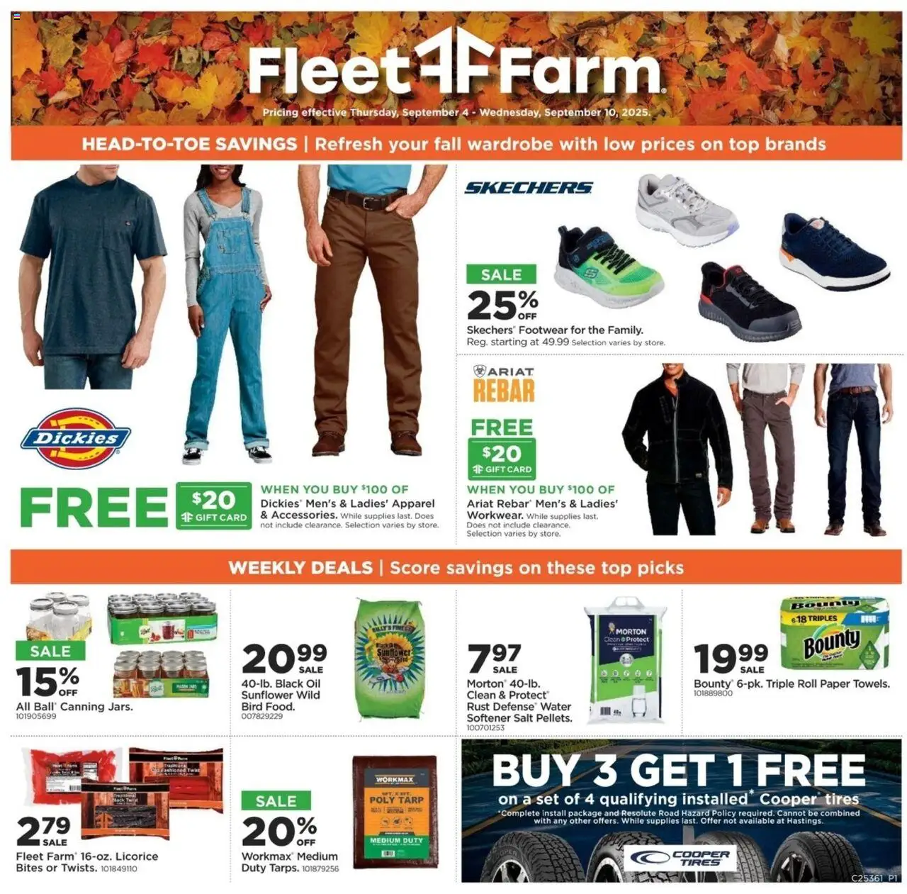Mills Fleet Farm Weekly Ad from 09/04/2025 - Flyer - Page number 1 - Water, Oil, Salt, Wardrobe