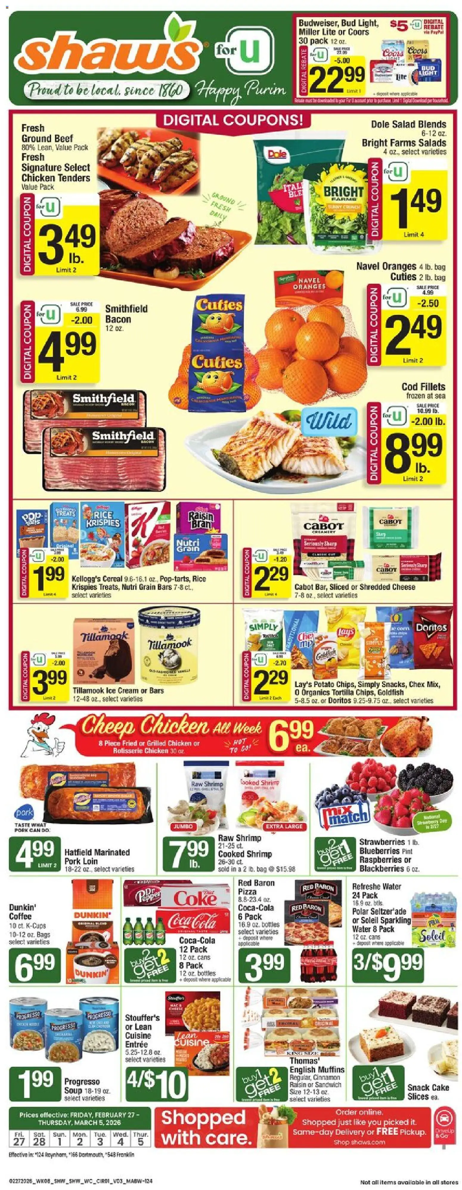 Ad Preview of Shaw's Weekly Ad - MA from 02/27/2026 - Pizza, Water, Oranges, Cheese, Cereal, Bacon, Beef, Chicken