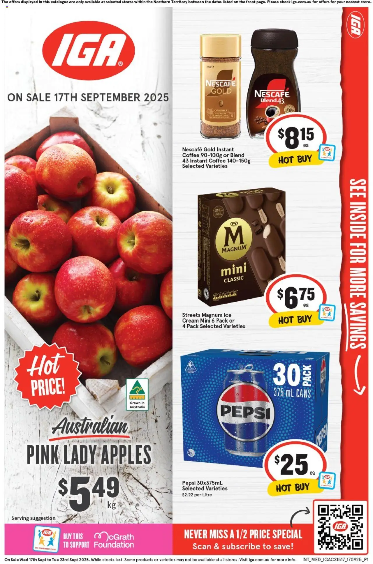 IGA catalogue valid from 17/09/2025 - page 1 - Apples, Cream, Ice cream, Ice, Nescafe, Instant coffee, Magnum ice cream, Magnum