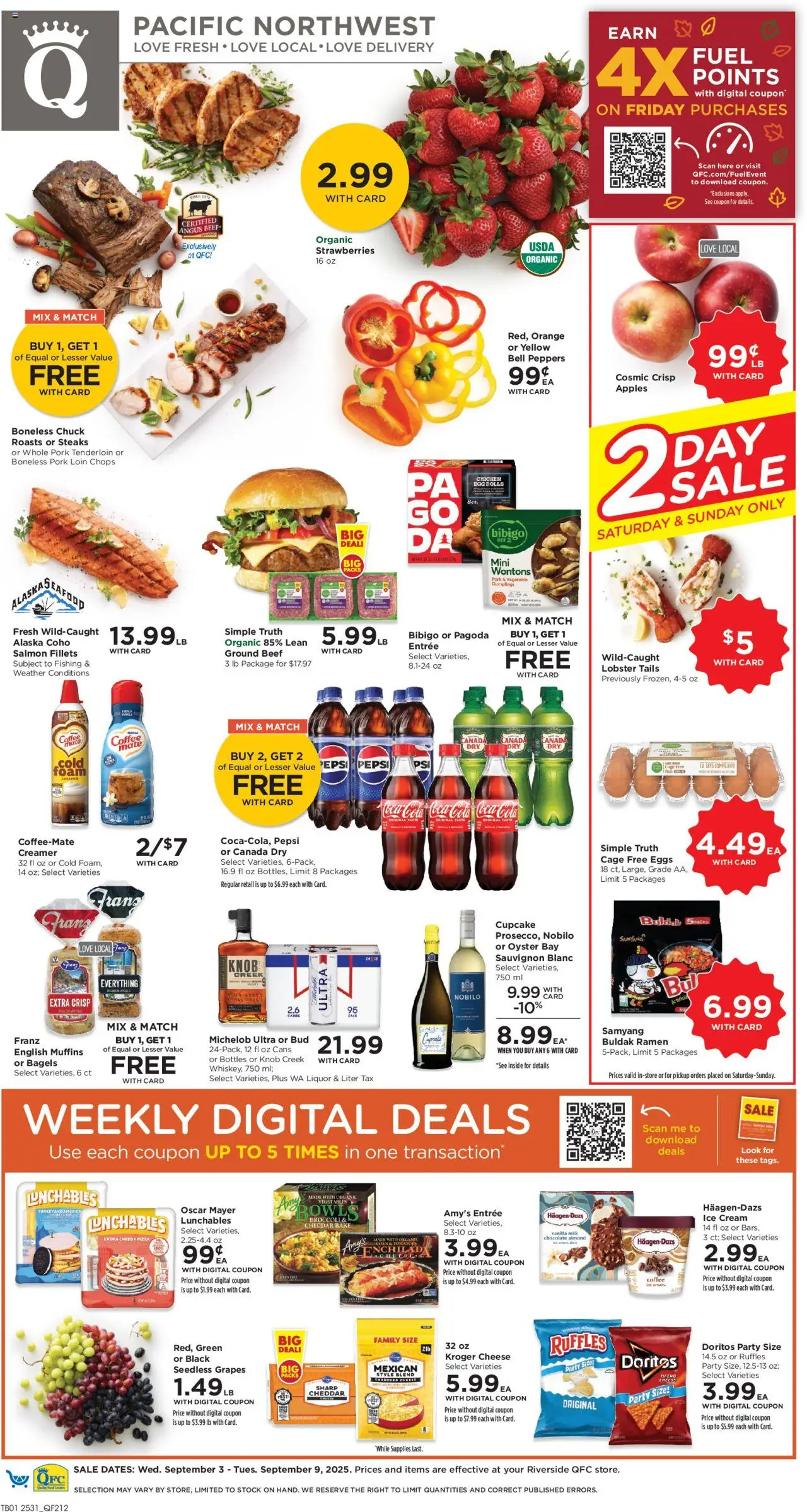 QFC Weekly Ad - WA from 09/03/2025 - Flyer - Page number 1 - Coffee, Chocolate, Ice, Cupcake, Salmon, Grapes, Ground beef, Pork tenderloin