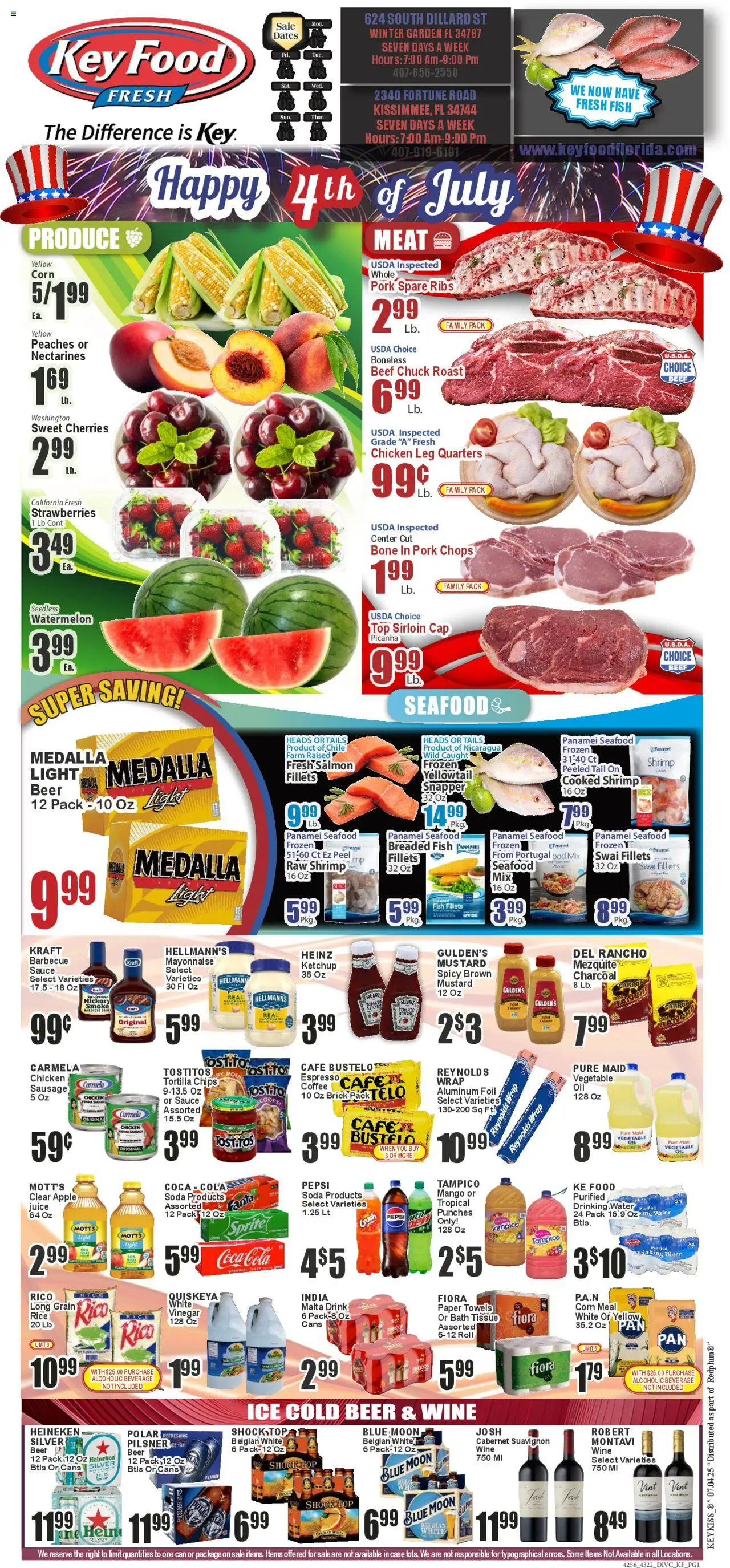 Key Food Weekly Circular (07/04/2025) >> Weekly Ad - Page number 1 - Beer, Meat, Rice, Pepsi, Charcoal, Beef, Nectarines, Tortilla chips