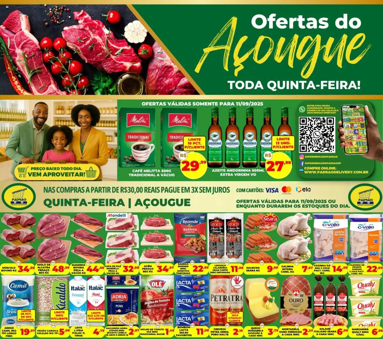 Supermercado Padrão folheto "Ofertas do Açougue" válido a partir de 11/09/2025 - número de página 1 - Câmera, Cerveja, Arroz, Leite, Azeite, Bombom, Salame, Músculo bovino