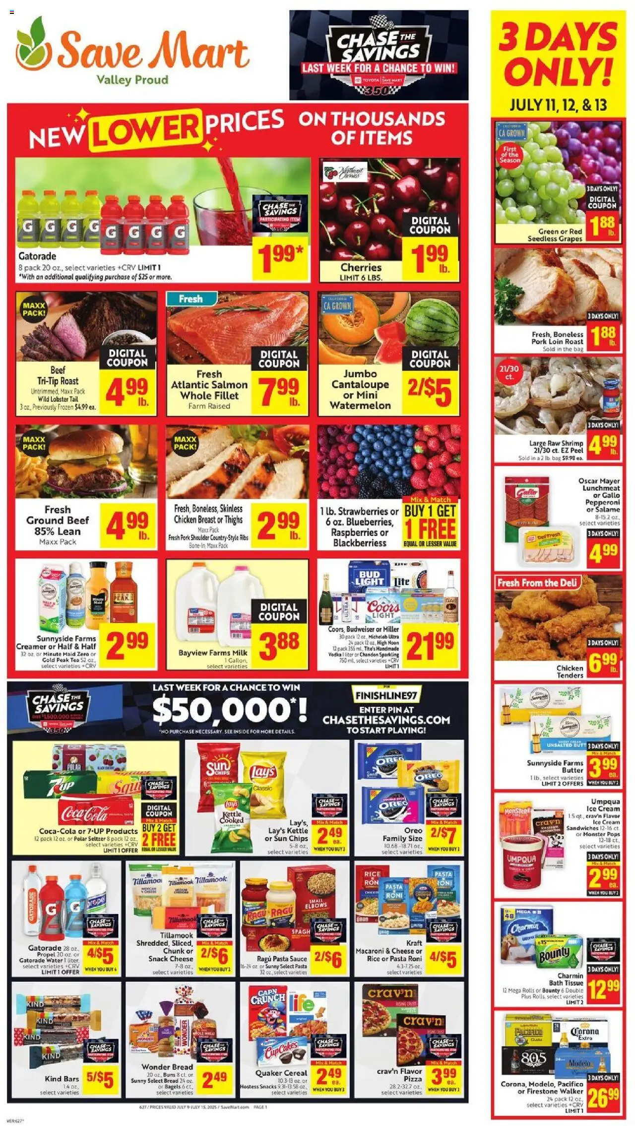 Save Mart Weekly Ad from 07/09/2025 - Flyer - Page number 1 - Raspberries, Bread, Pork, Oreo, Strawberries, Grapes, Cereal, Snacks
