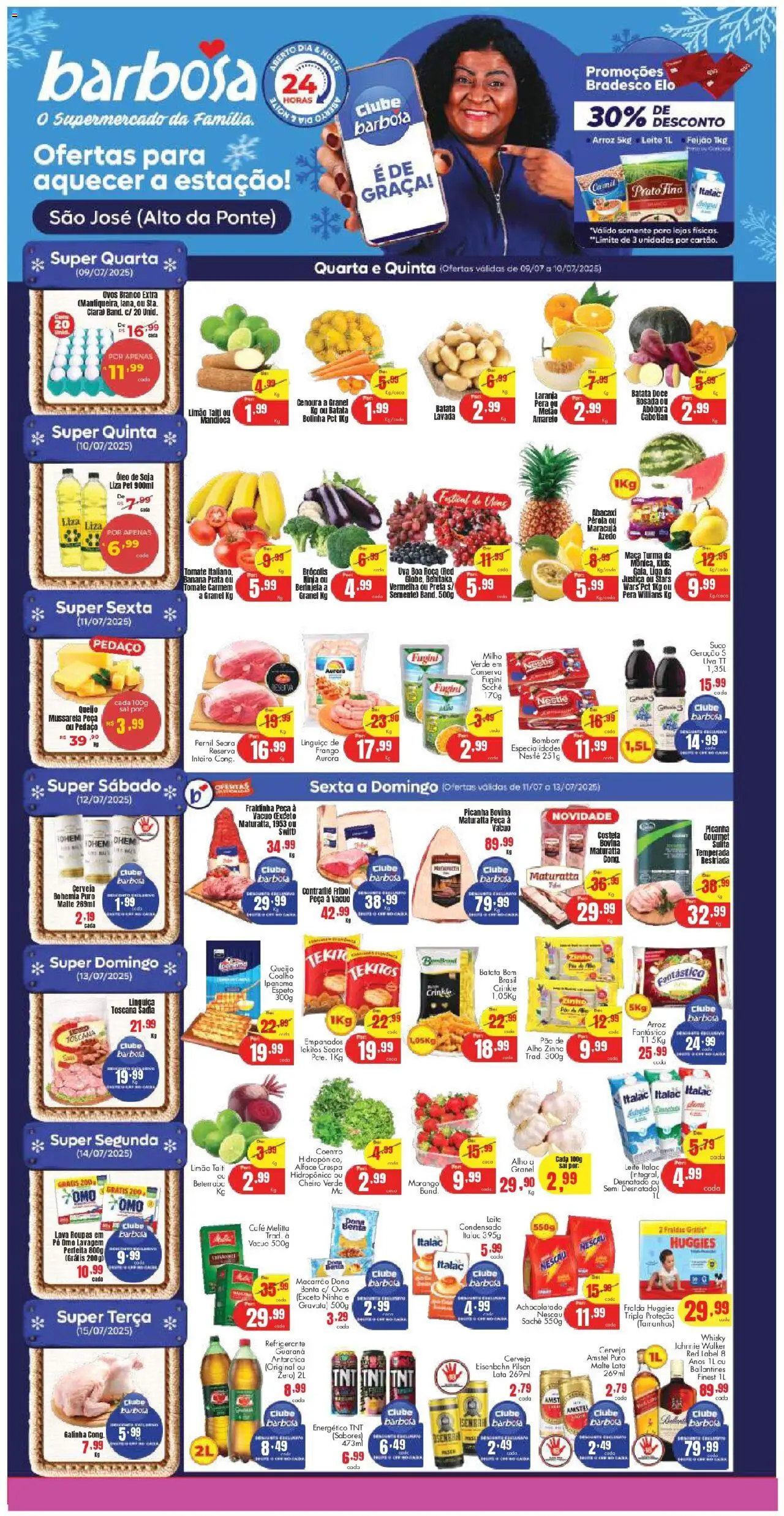 Barbosa Supermercados folheto "Ofertas Loja São José Alto da Ponte" válido a partir de 09/07/2025 - número de página 1 - Alho, Pó, Whisky, Nescau, Leite, Pão, Refrigerante, Frango